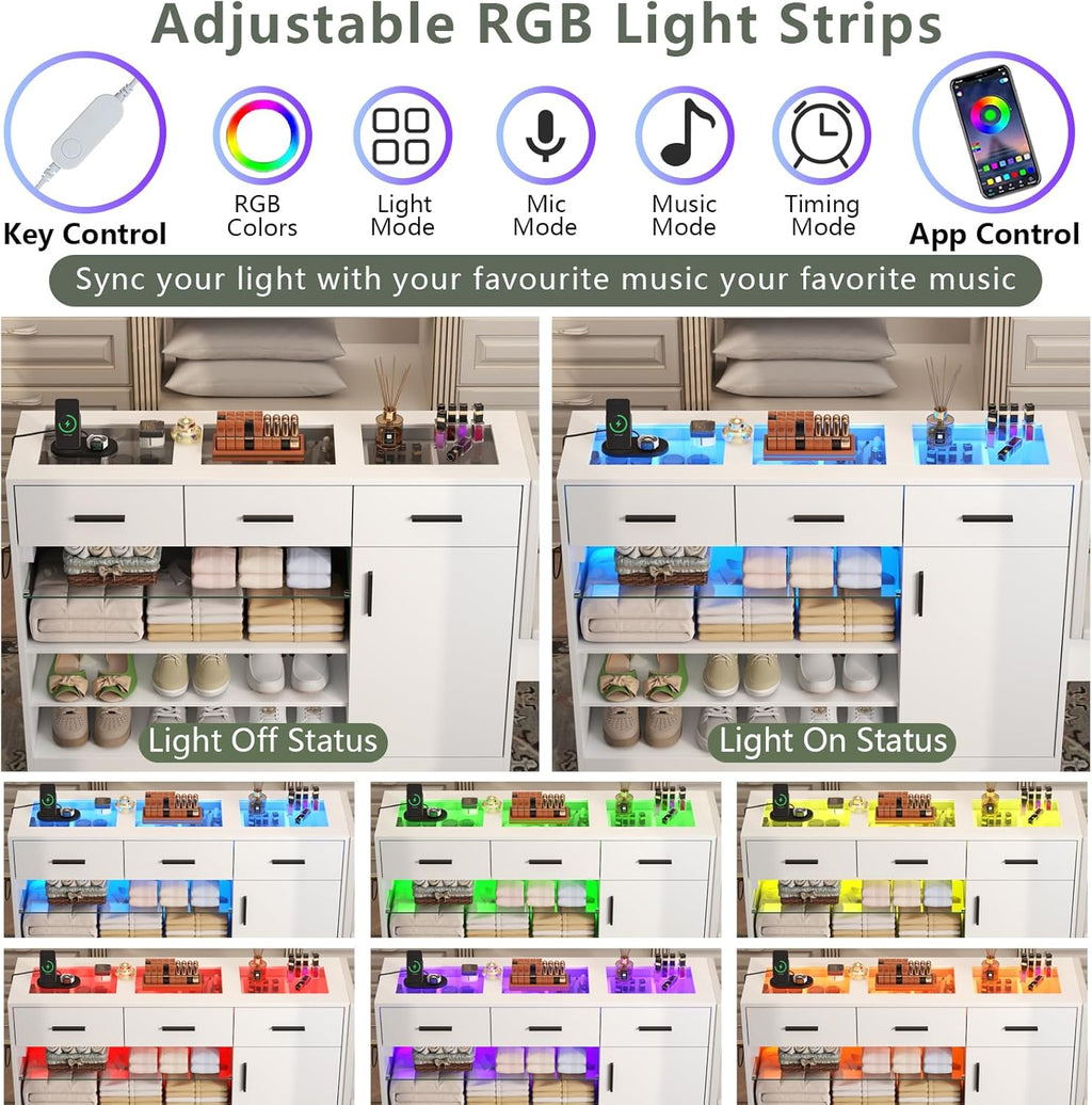 Makeup Vanity Storage Island with Charging & LED Light,Wardrobe Closet Island with Glass Tabletop and Bench, Modern Storage Display Cabinet with Drawers and Shelves for Dressing Room Cloakroom（White）