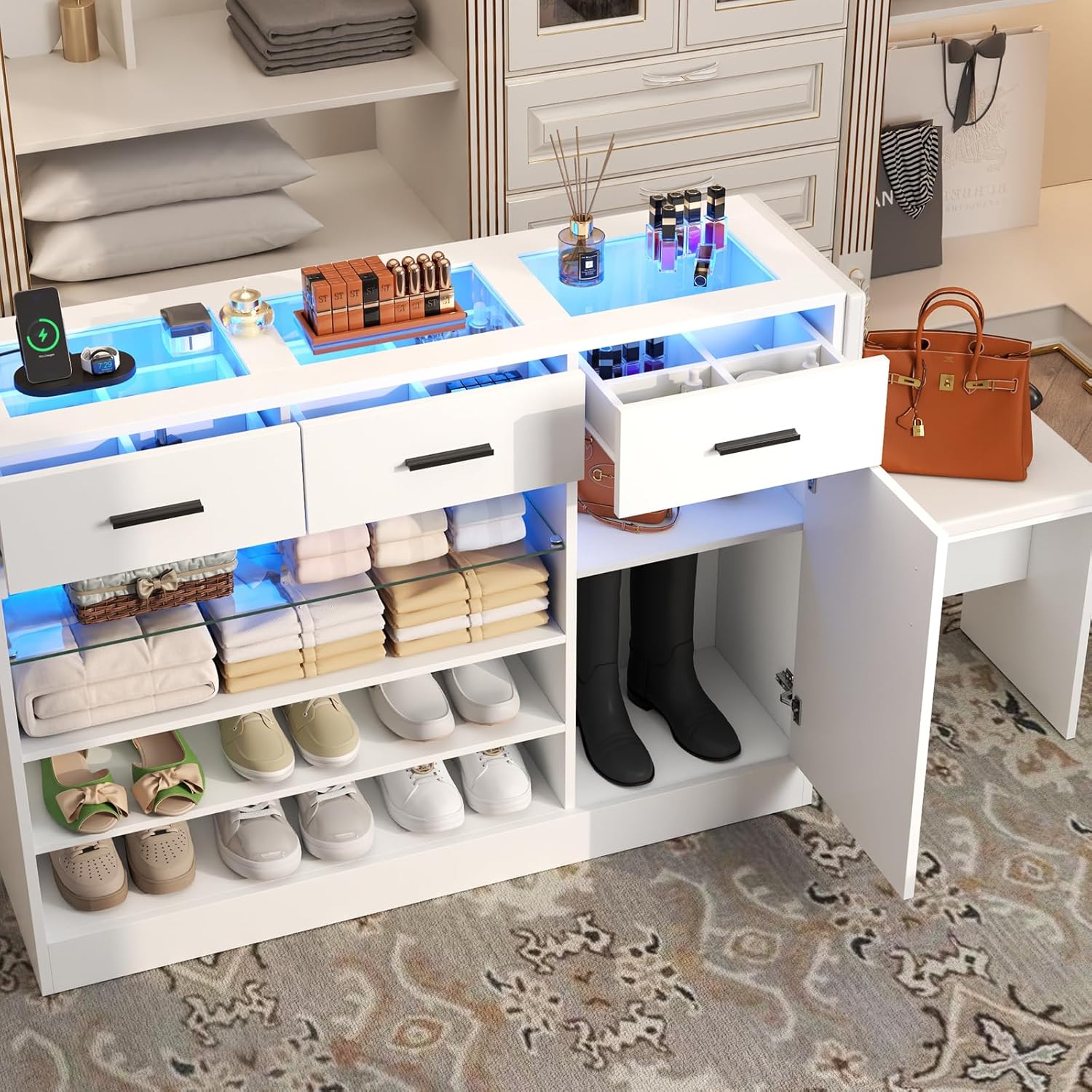 Makeup Vanity Storage Island with Charging & LED Light,Wardrobe Closet Island with Glass Tabletop and Bench, Modern Storage Display Cabinet with Drawers and Shelves for Dressing Room Cloakroom（White）