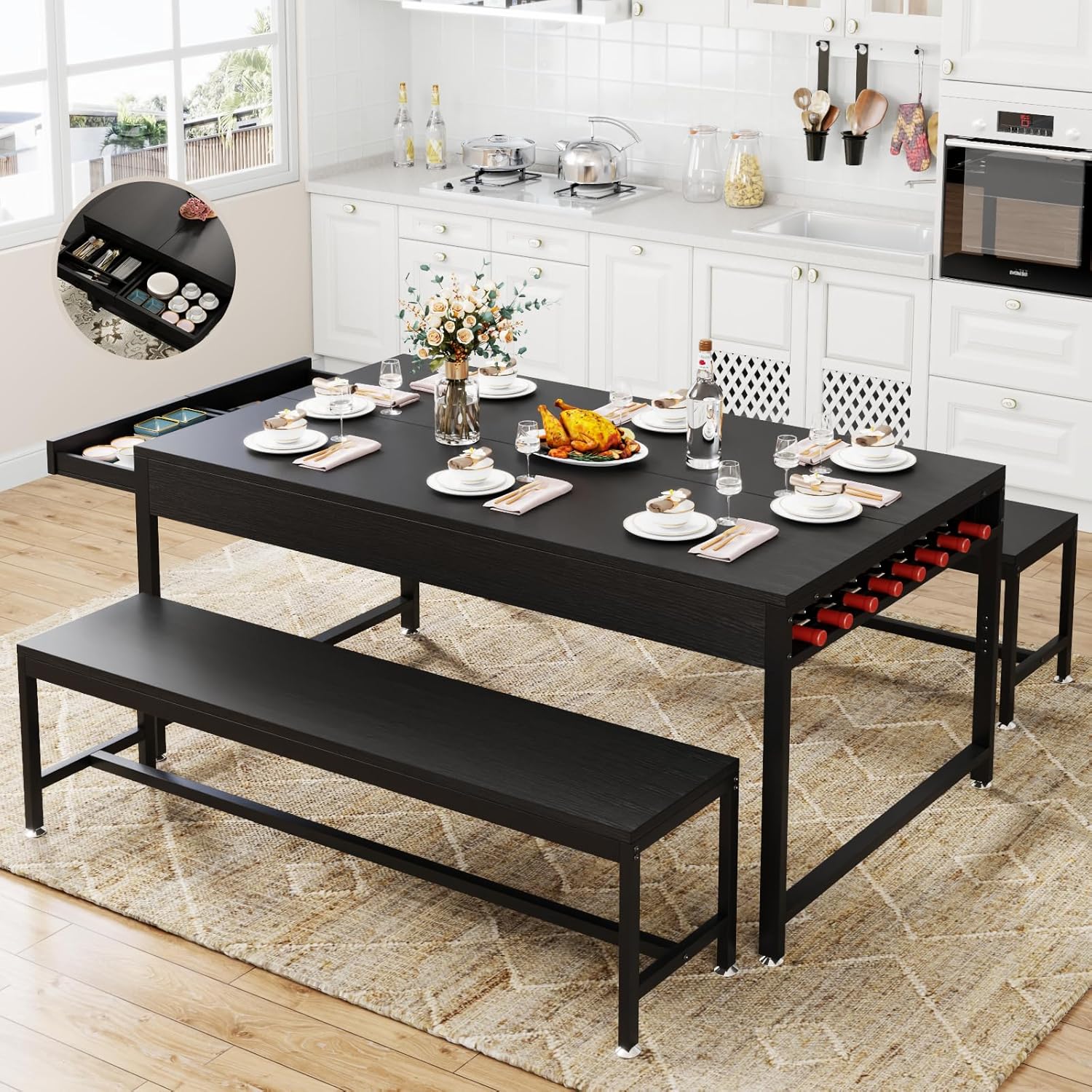 Loomie 63" Dining Table Set for 4-6, 3-Piece Kitchen Table with 2 Utensil Drawers, 2 Benches & Wine Rack, Modern Space Saving & Heavy Duty Dinner Table Set with Metal Frame & MDF Board,Black