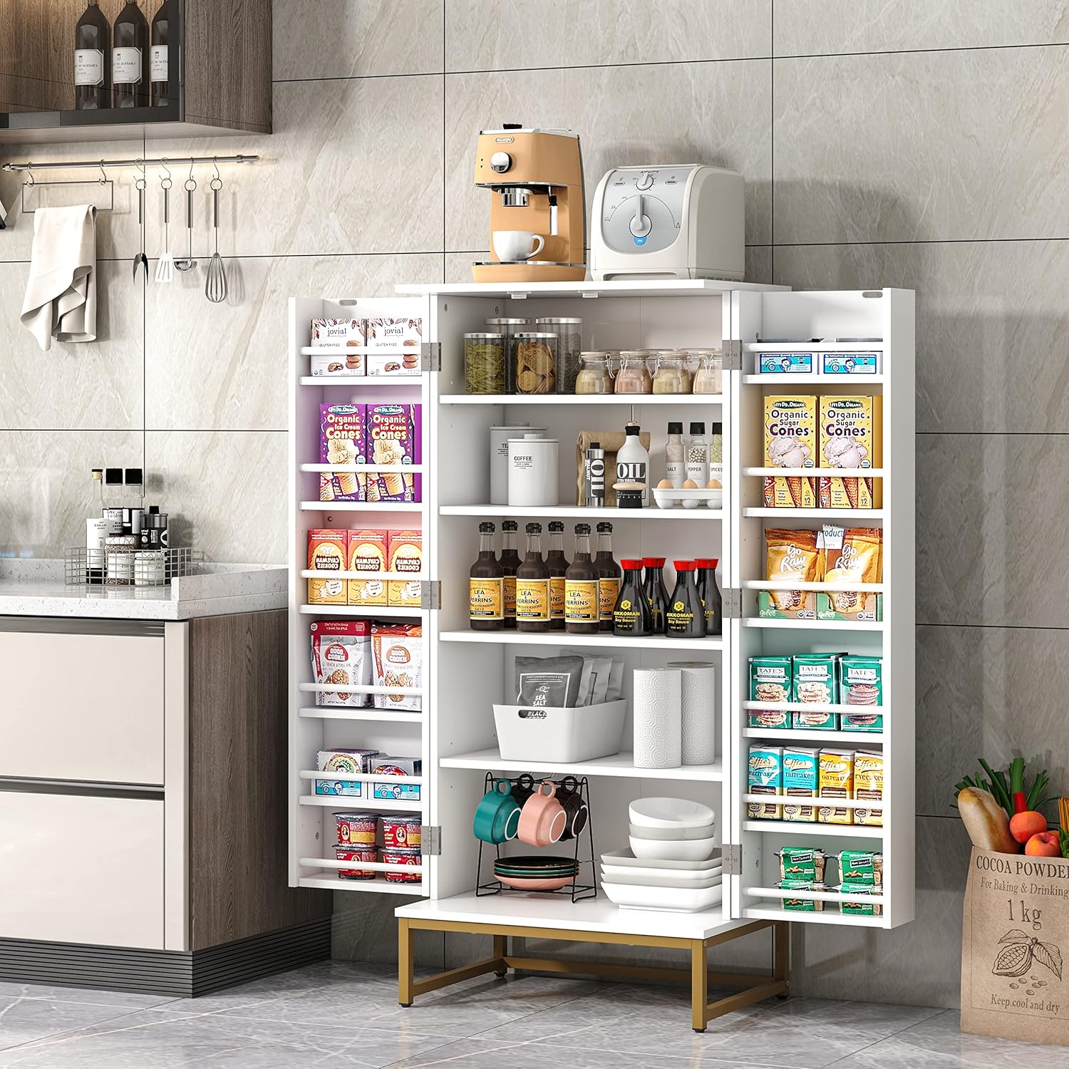 Jehiatek 51” Kitchen Pantry Storage Cabinet with Doors and Adjustable Shelves, Freestanding Pantry Cabinets, Buffet Cupboards Storage Cabinet for Home Office Use, White + Gold