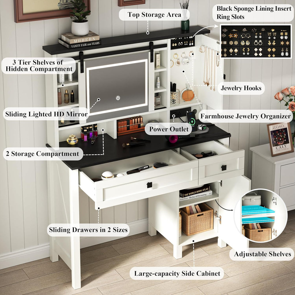 Loomie Farmhouse Vanity Desk with Sliding Mirror & Lights, Makeup Vanity Table with Power Outlet, 2 Drawers, 2 Cabinets & 2 Cubbies, Dressing Table with 3 Color Lighting Modes for Bedroom (White)