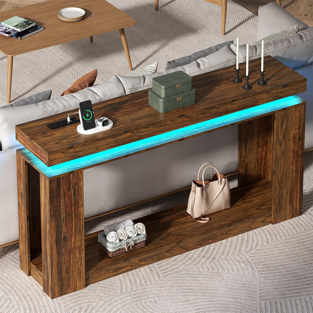 Loomie 63" Long Console Table with LED Lights & Power Outlet, 2-Tier Farmhouse Sofa Table Behind Couch with Storage, Narrow Entryway Tables with Heavy Duty Base for Living Room, Hallway (Brown)