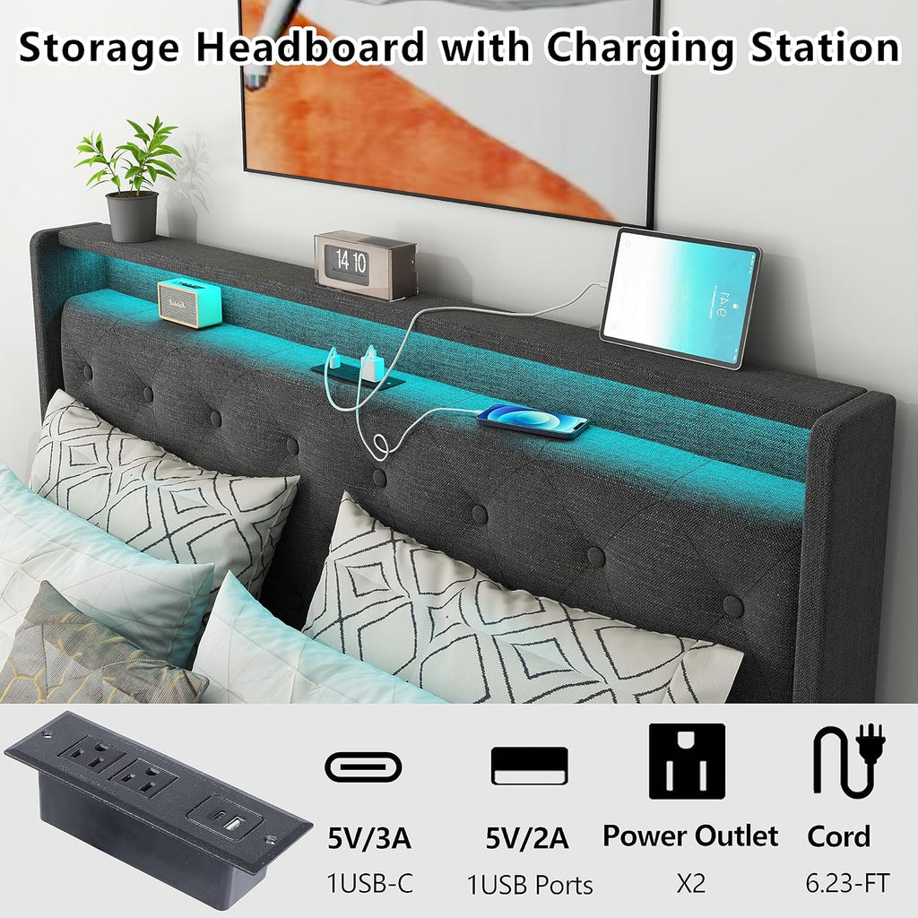 Loomie Queen Lift Up Bed Frame with Charging Station & LED Lights, Upholstered Bed with Button Tufted Wingback Storage Headboard, Hydraulic Storage, No Box Spring Needed, Wood Slats Support,Dark Grey