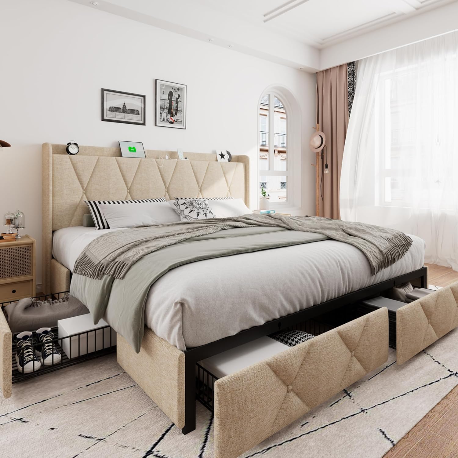 iPormis Bed Frame with 4 Storage Drawers, Upholstered Platform Bed Frame with Charging Station