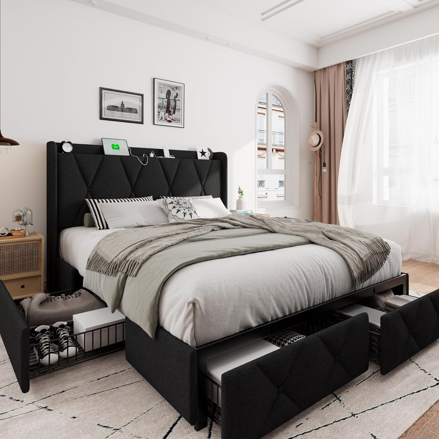 iPormis Bed Frame with 4 Storage Drawers, Upholstered Platform Bed Frame with Charging Station