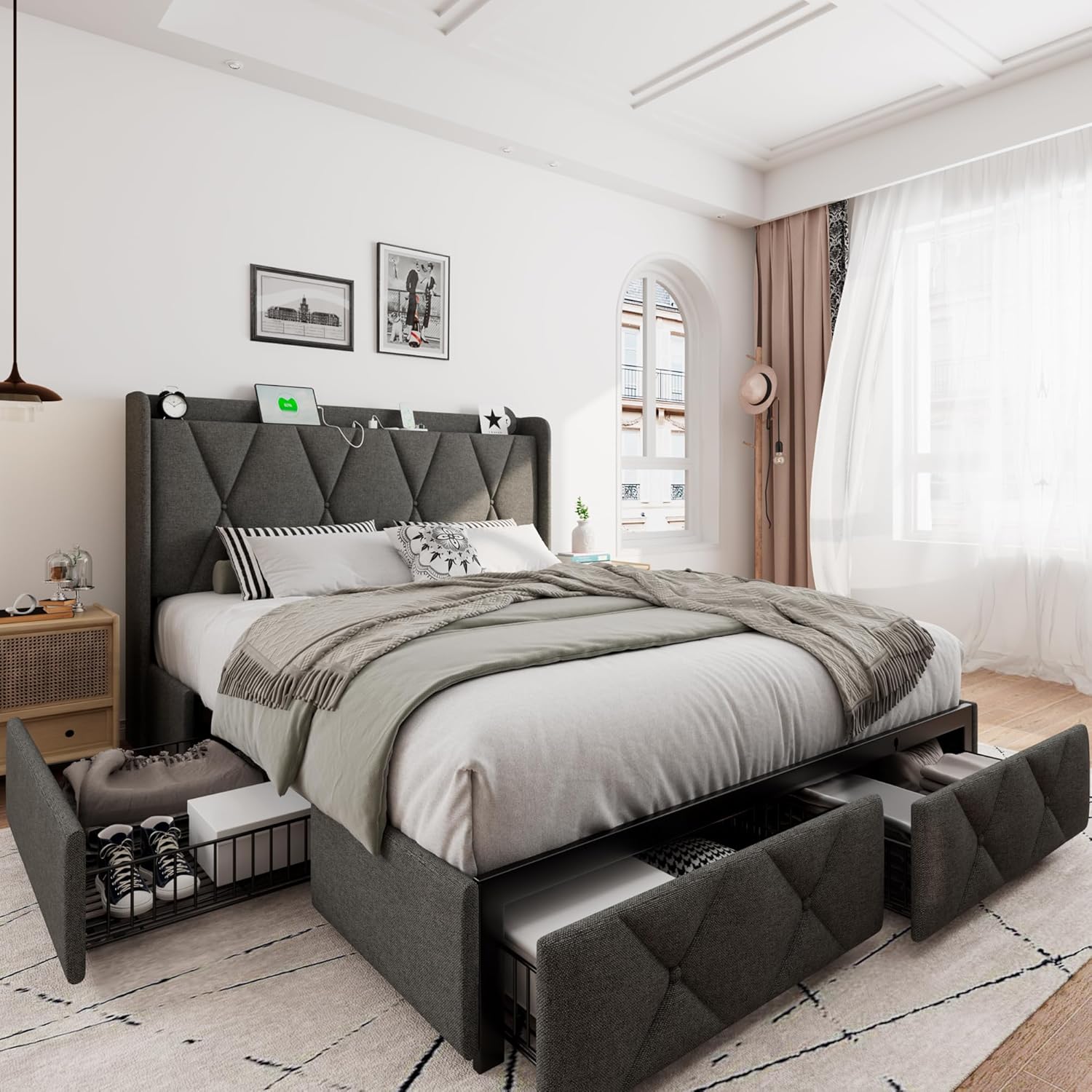 iPormis Bed Frame with 4 Storage Drawers, Upholstered Platform Bed Frame with Charging Station