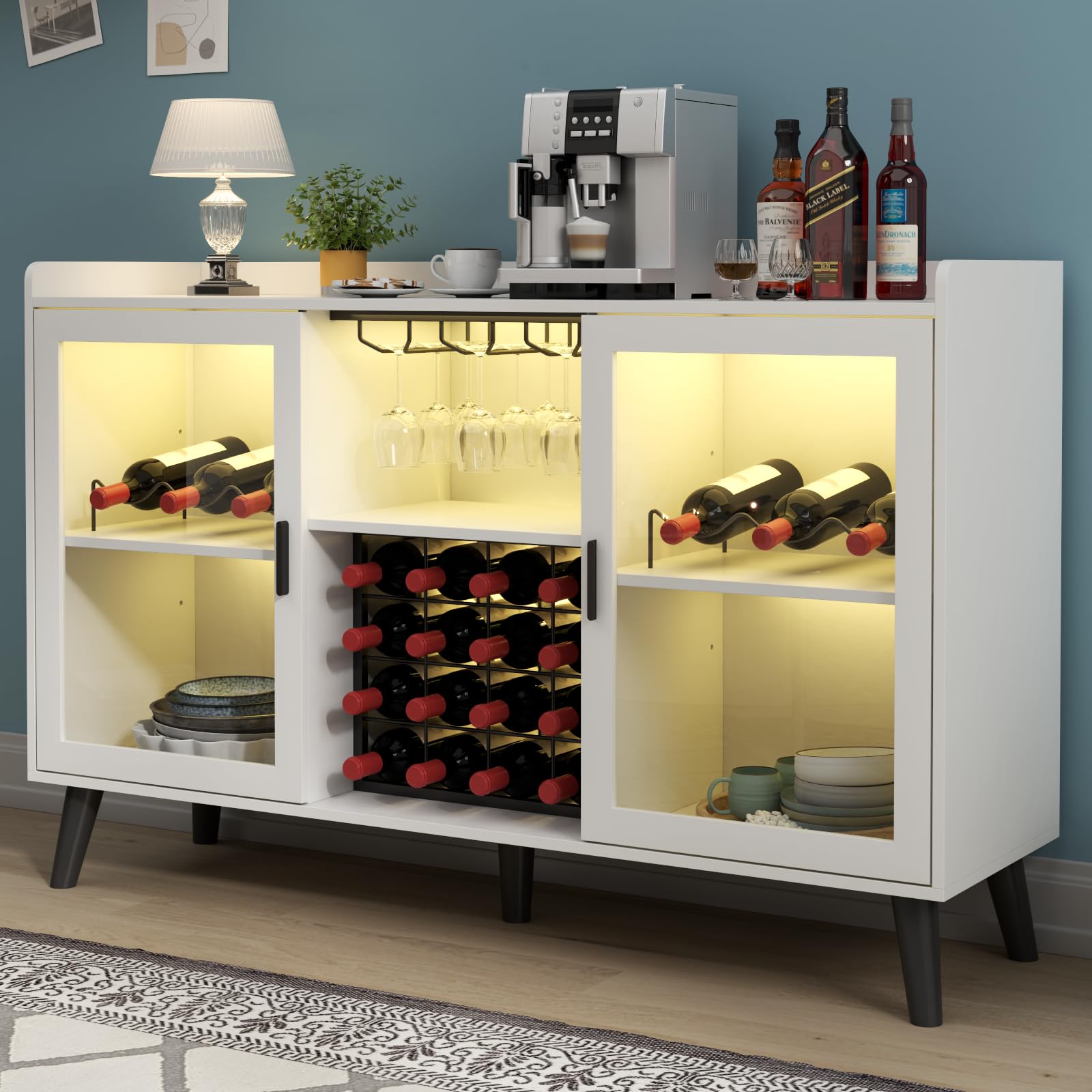 Loomie Wine Bar Cabinet with LED Light, Home Coffee Cabinet with Wine Rack and Glass Holder, Kitchen Buffet Sideboard W Storage Shelf