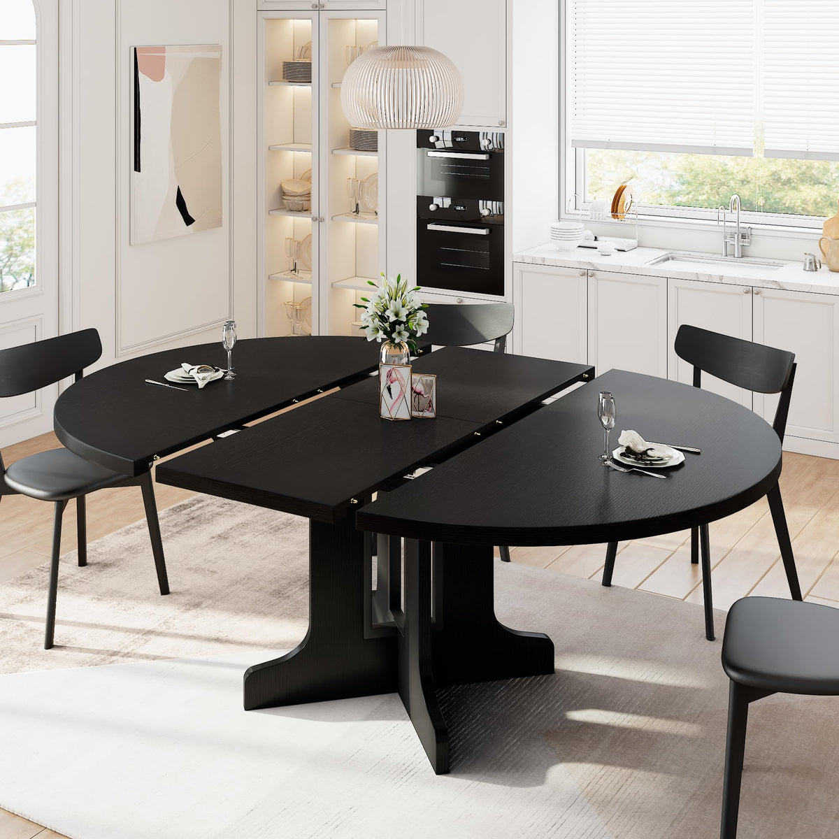iPormis 59" Extendable Round Dining Table for 4-6, Modern Kitchen Table with Heavy Duty Pedestal Base & Wooden Top