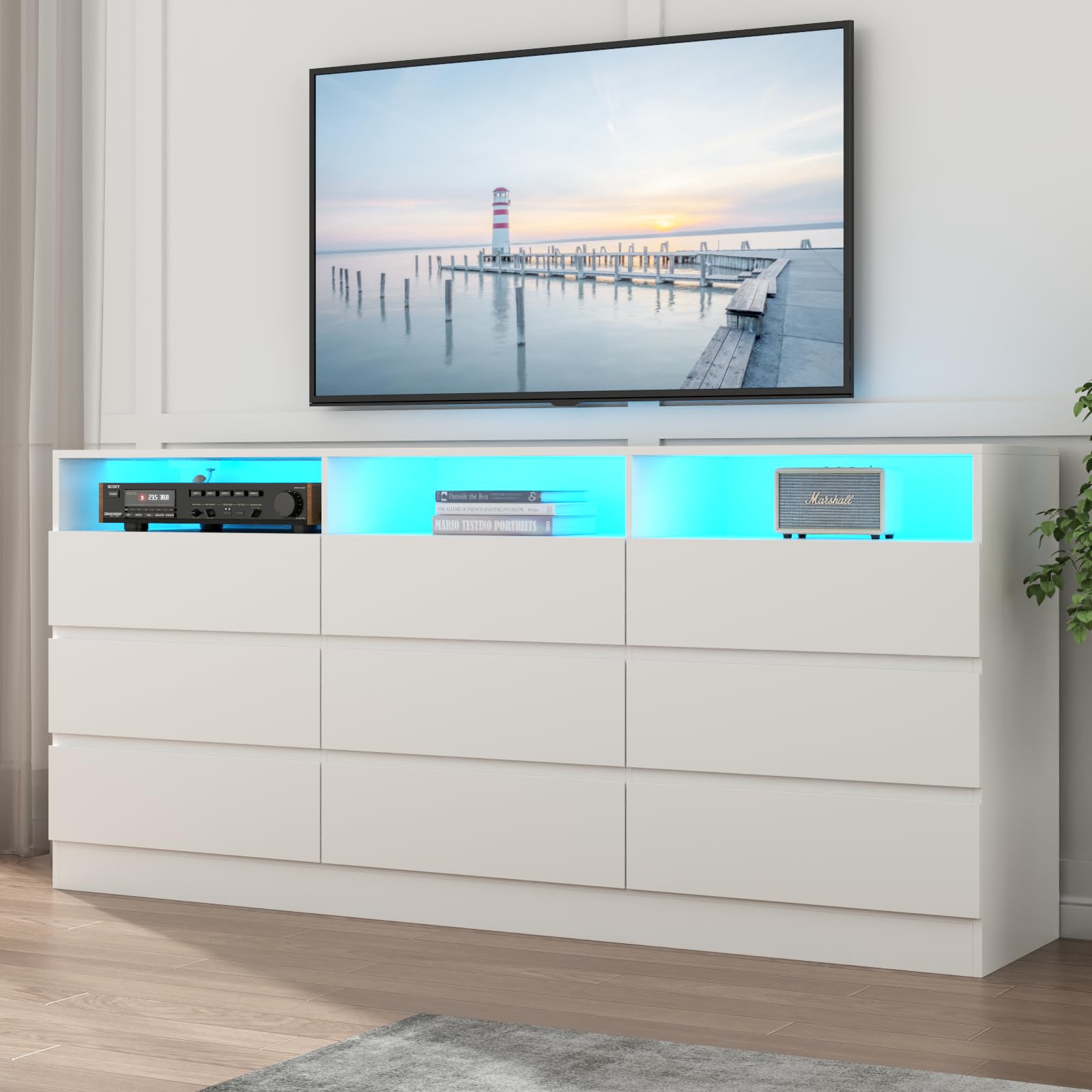 Loomie Drawers Dresser, White Drawer Dresser with Power Outlet, Accent Chests of Drawers with LED Light