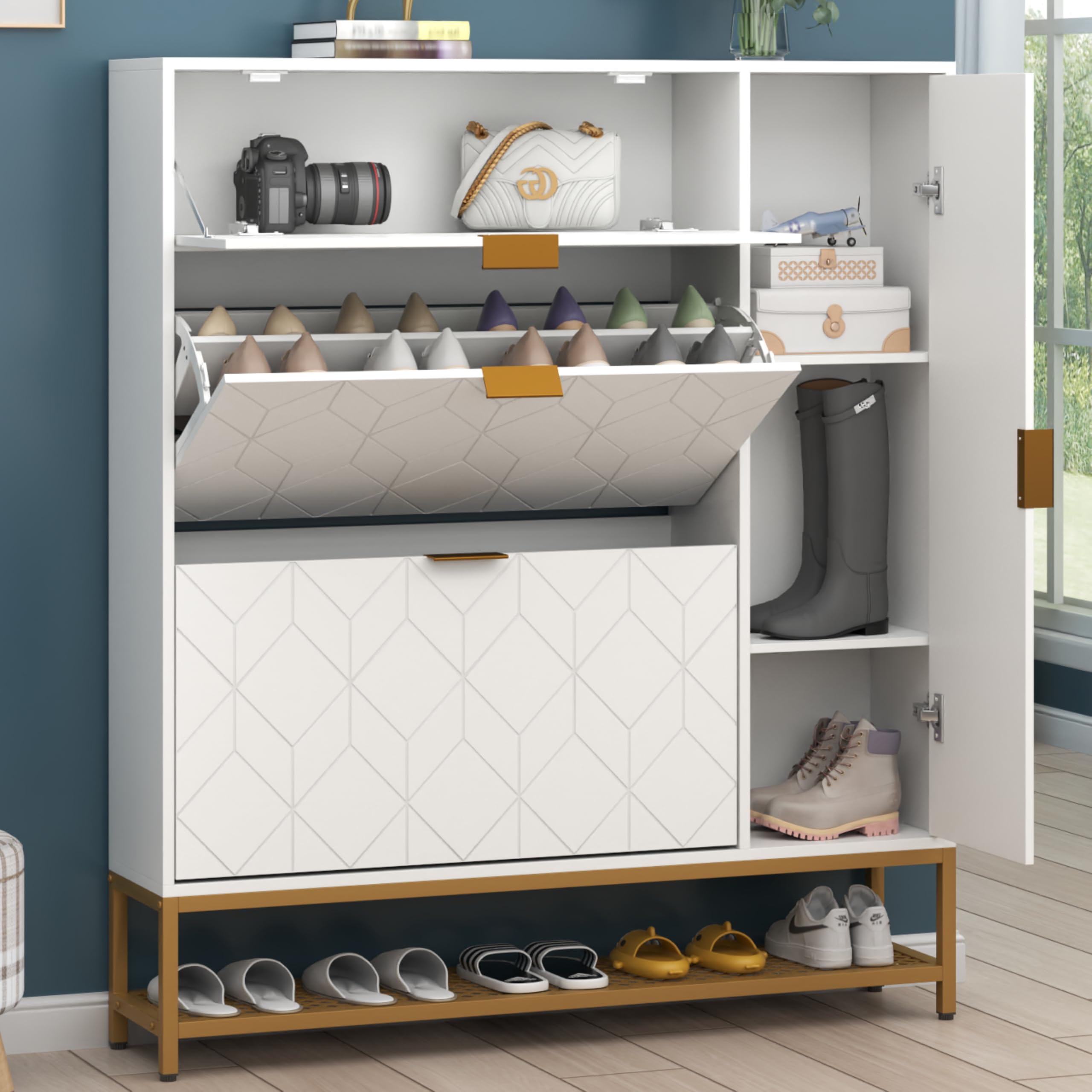 Loomie Shoe Cabinet,Freestanding Tipping Bucket Shoe Rack Organizer with 2 Flip Drawers,Entryway Narrow Shoe Storage with Adjustable Storage Shelf &Top Cubby,Modern Slim Hidden Shoe Cabinet, Black