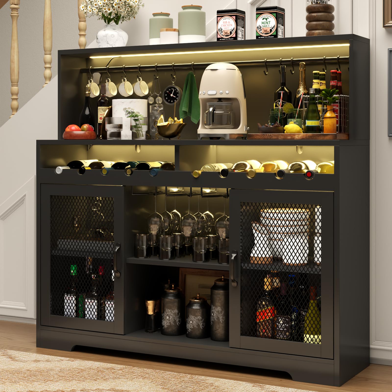 Loomie Wine Bar Cabinet with LED Light, Liquor Cabinet with Glass Holder, Coffee Bar