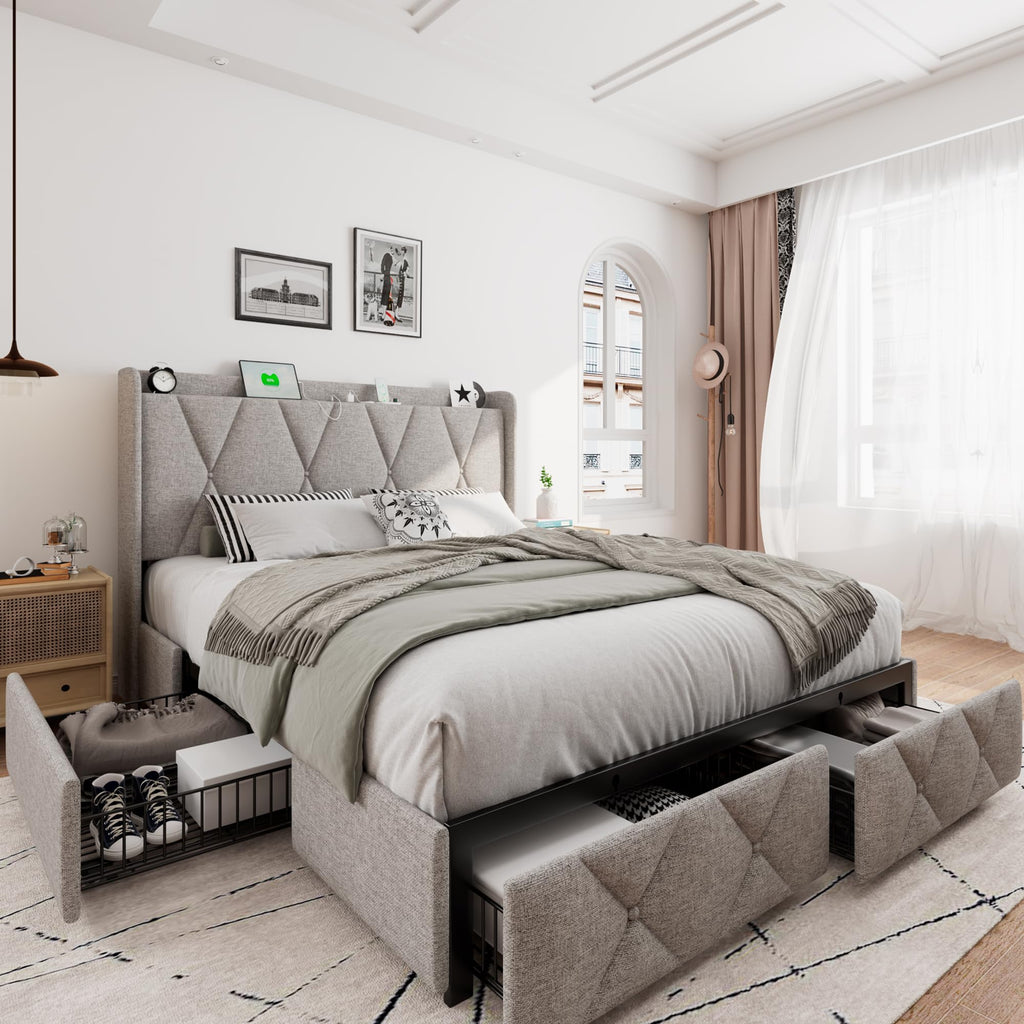 iPormis Bed Frame with 4 Storage Drawers, Upholstered Platform Bed Frame with Charging Station