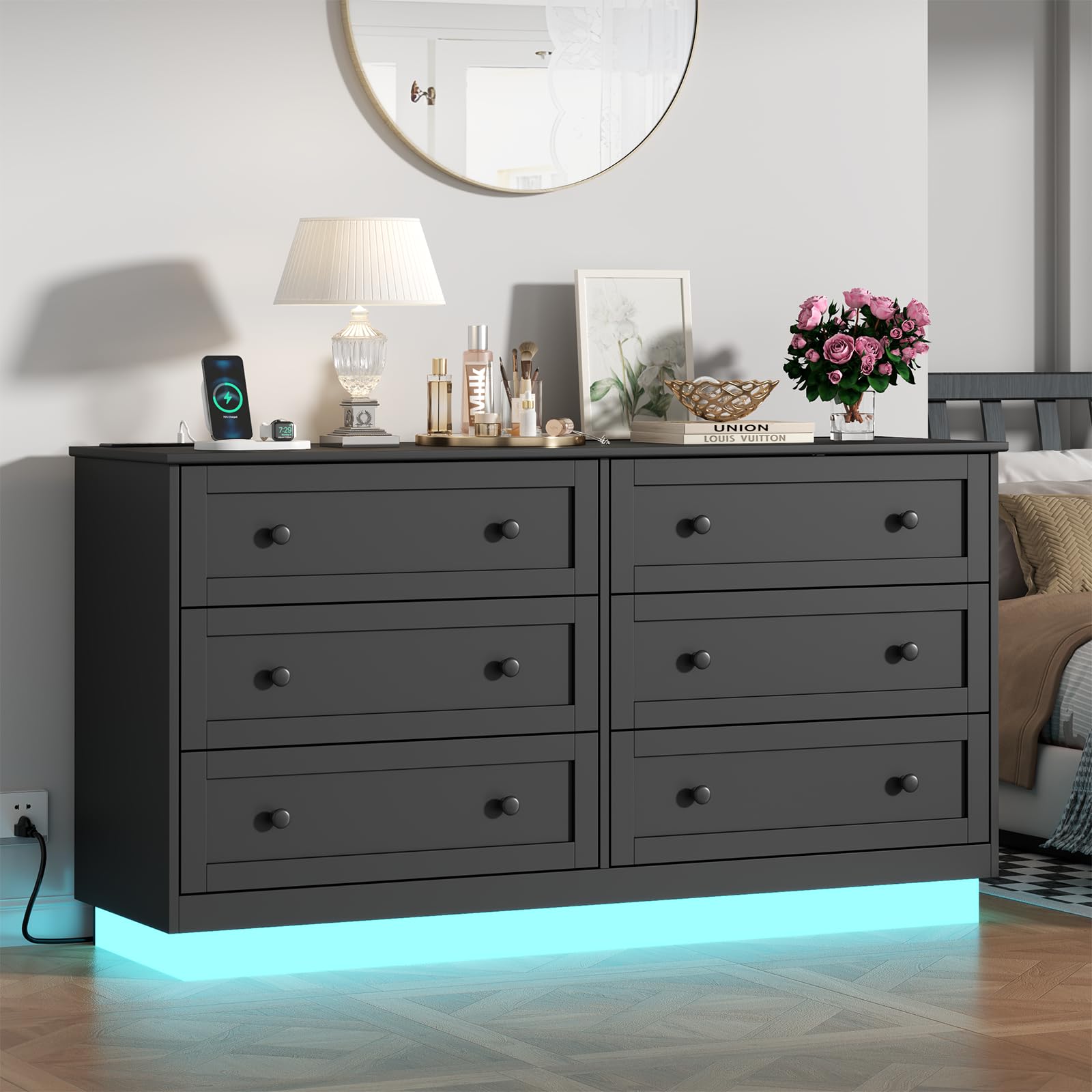 Loomie 6 Drawer Dresser, Modern Drawer Chests with Power Outlet and Led Light, Wide Chest of Drawers for Storage and Organization