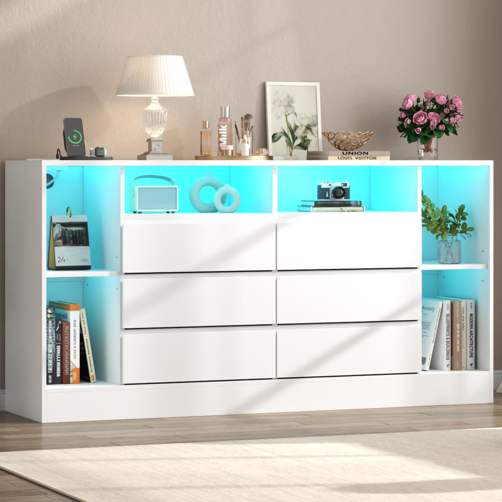 Loomie 6 Drawers Dresser with 6 Open Storage Cubbies, LED Dressers & Chests of Drawers with Power Outlet