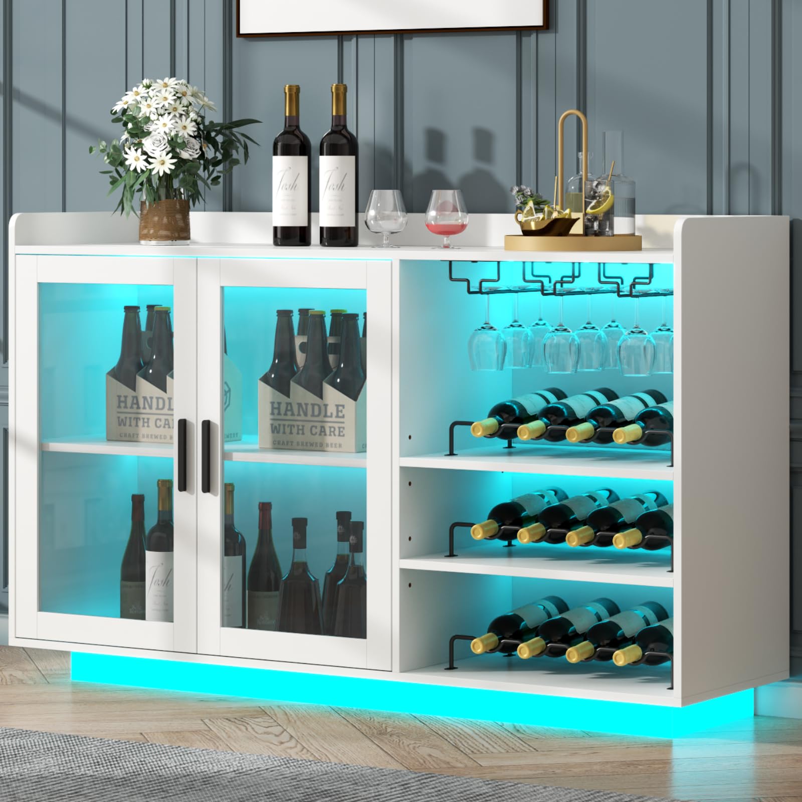 Loomie Wine Bar Cabinet with LED Lights, Floating Coffee Bar with Glass Rack and Removable Wine Racks, Modern Buffet Sideboard with Storage Shelves