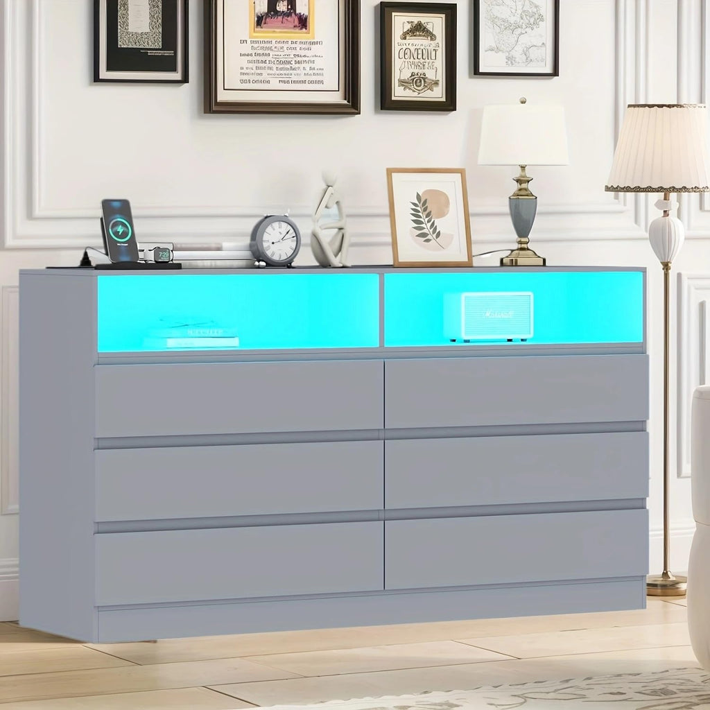 Loomie 12-Cell Divided Drawers Black Dresser with Charging Station & Led Lights for Bedroom, Long 63" Wide Dresser TV Stand for TVs