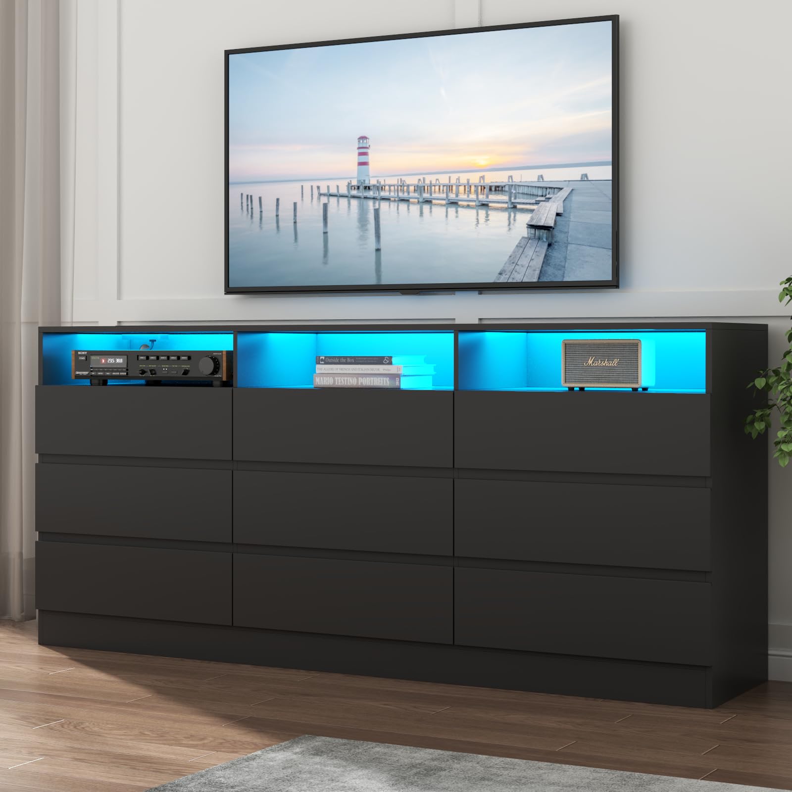 Loomie Drawers Dresser, White Drawer Dresser with Power Outlet, Accent Chests of Drawers with LED Light