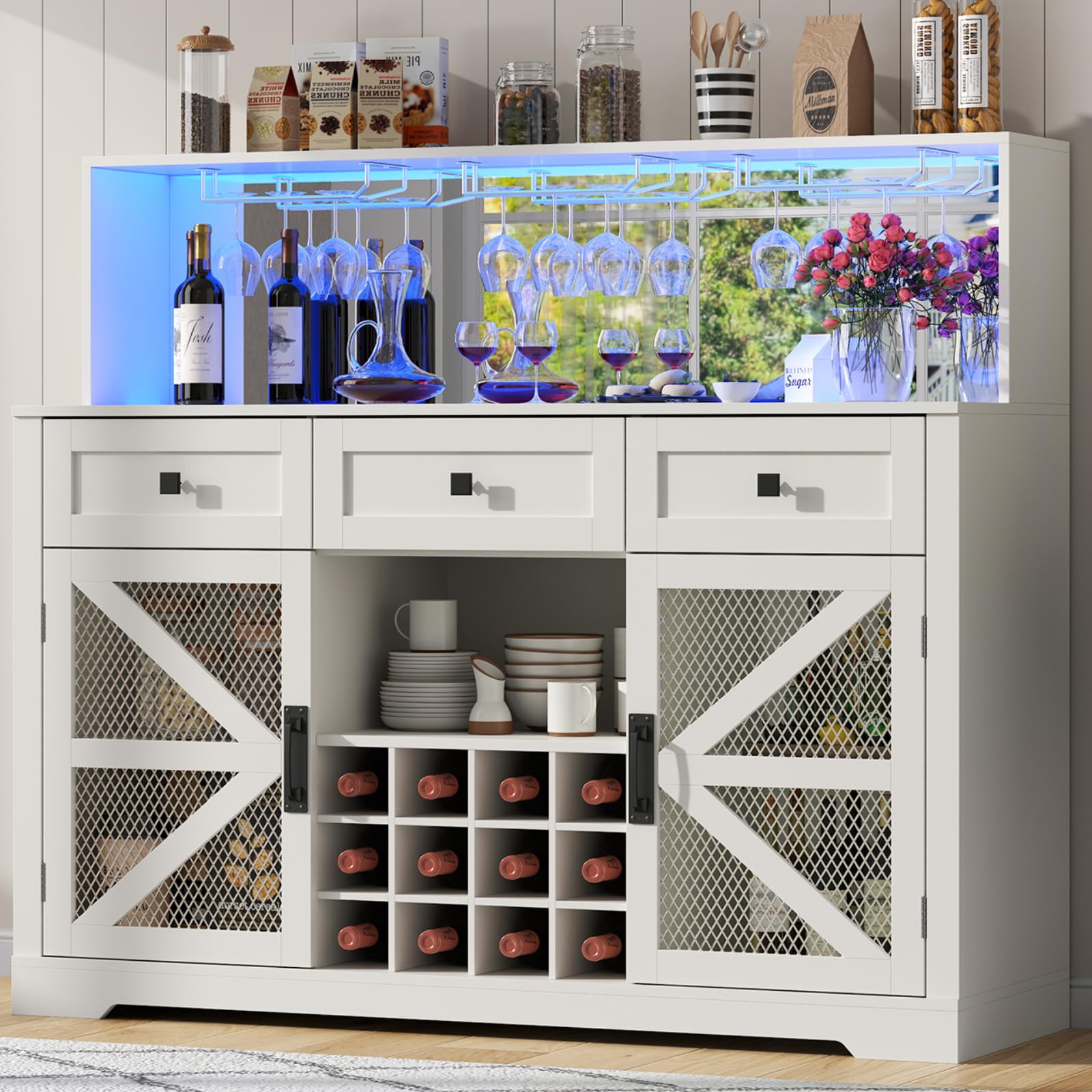 Loomie Wine Bar Cabinet with LED Light, Liquor Cabinet with Glass Holder, Coffee Bar