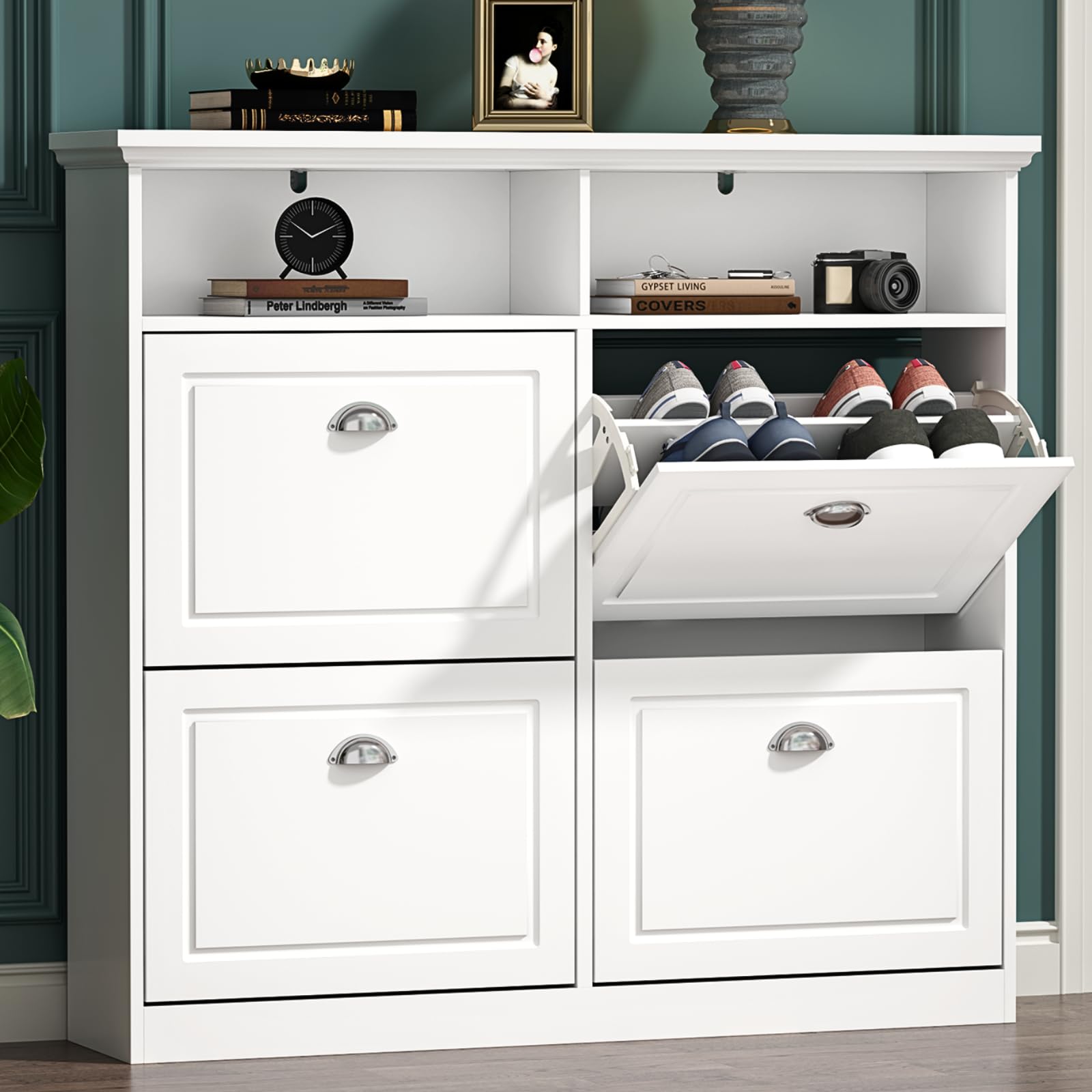 Loomie Shoe Cabinet with 4 Flip Drawers, Freestanding Shoe Storage Cabinet with Open Shelves