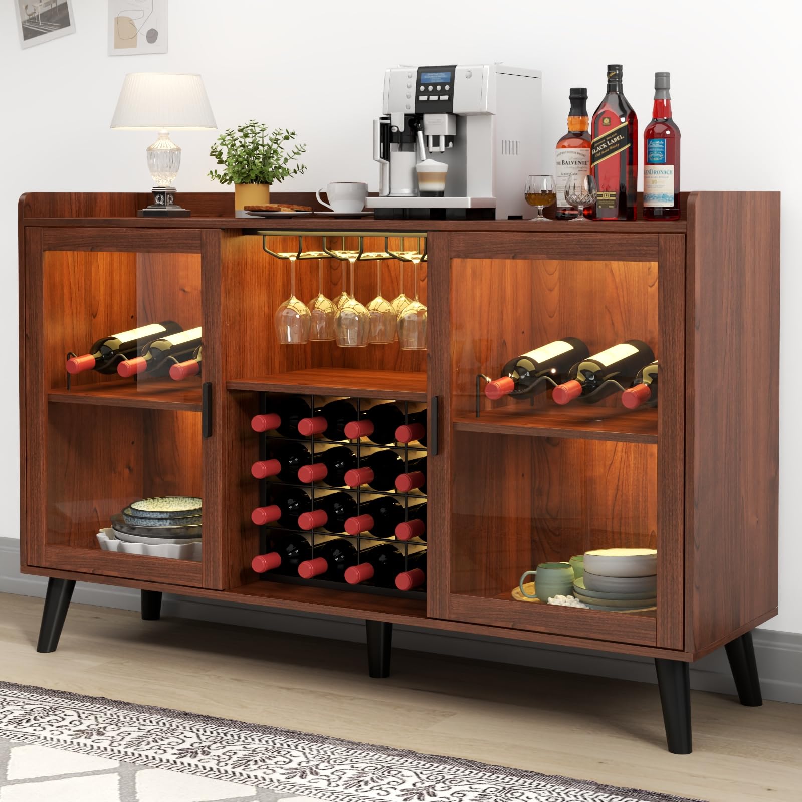 Loomie Wine Bar Cabinet with LED Light, Home Coffee Cabinet with Wine Rack and Glass Holder, Kitchen Buffet Sideboard W Storage Shelf