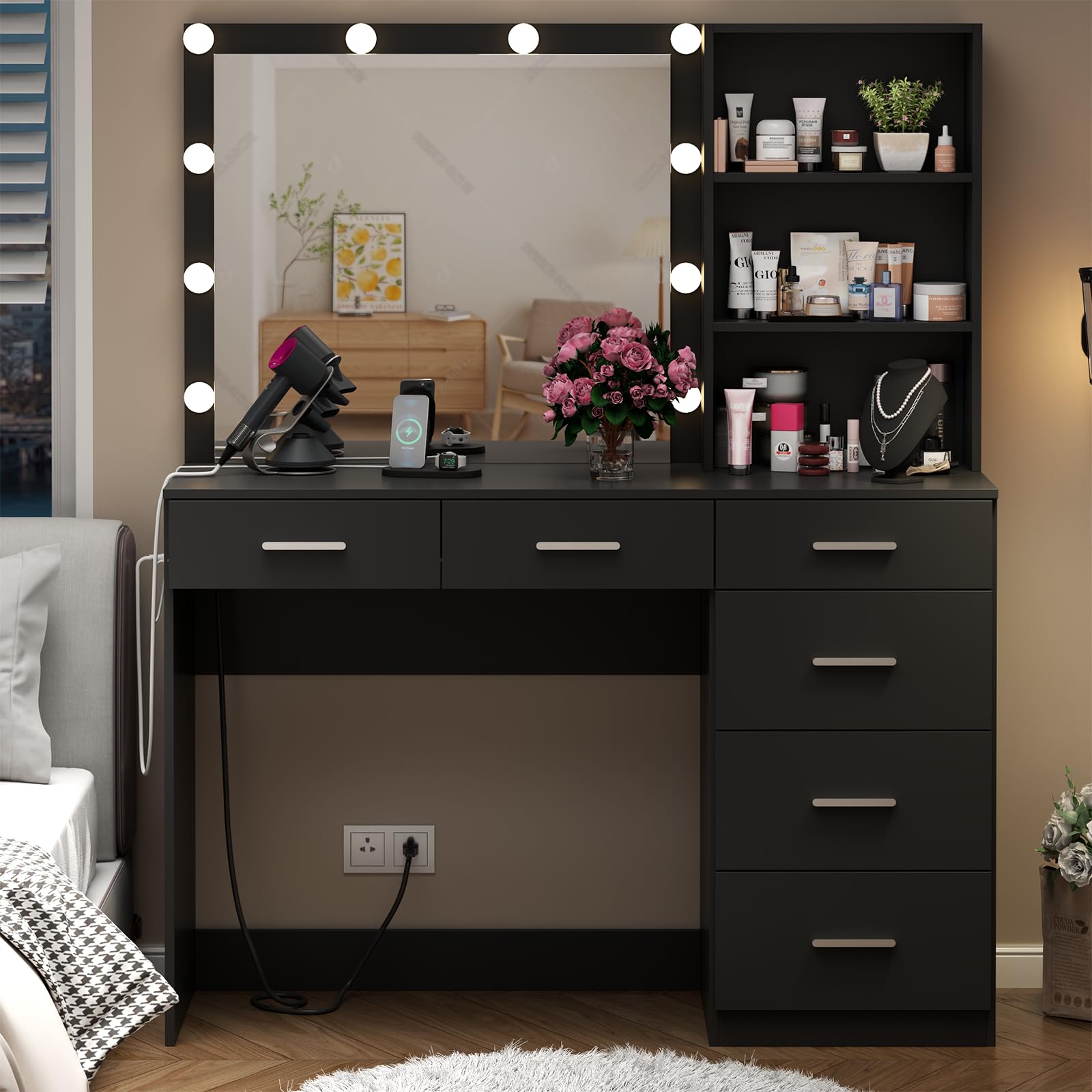 Loomie Vanity Desk with Lighted Mirror & Power Outlet, Makeup Table