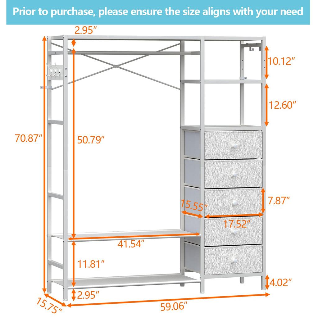 Loomie Heavy Duty Clothes Rack for Hanging Clothes with 5 Shelves & 5 Drawers