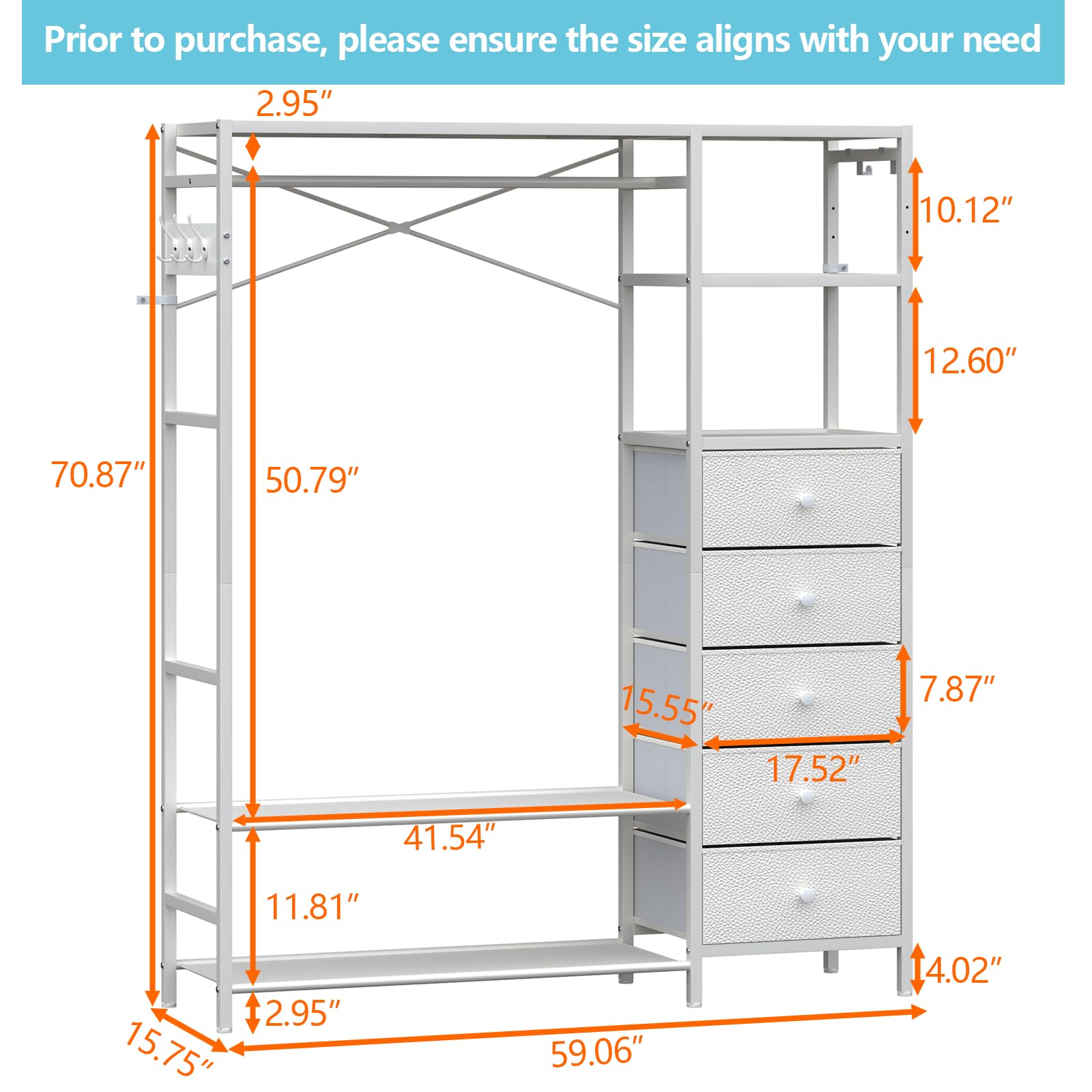 Loomie Heavy Duty Clothes Rack for Hanging Clothes with 5 Shelves & 5 Drawers