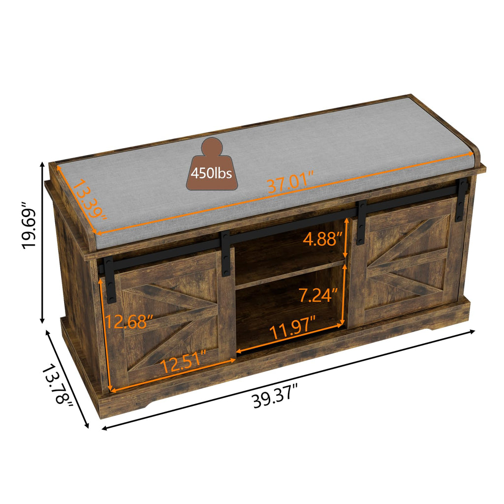 Loomie Shoe Storage Bench, 2-Tier Farmhouse Entryway Bench with Sliding Barn Door Storage Cabinets