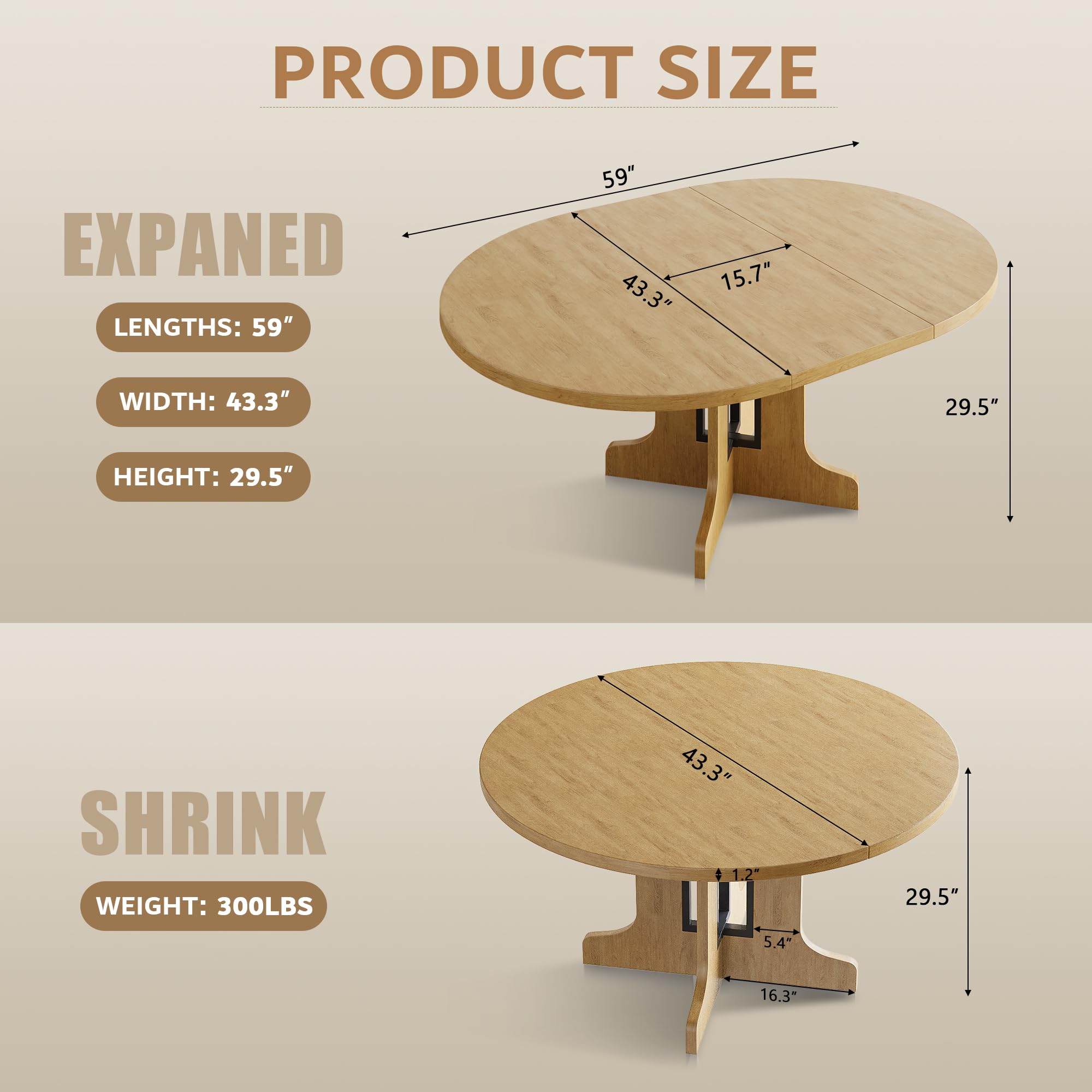 iPormis 59" Extendable Round Dining Table for 4-6, Modern Kitchen Table with Heavy Duty Pedestal Base & Wooden Top