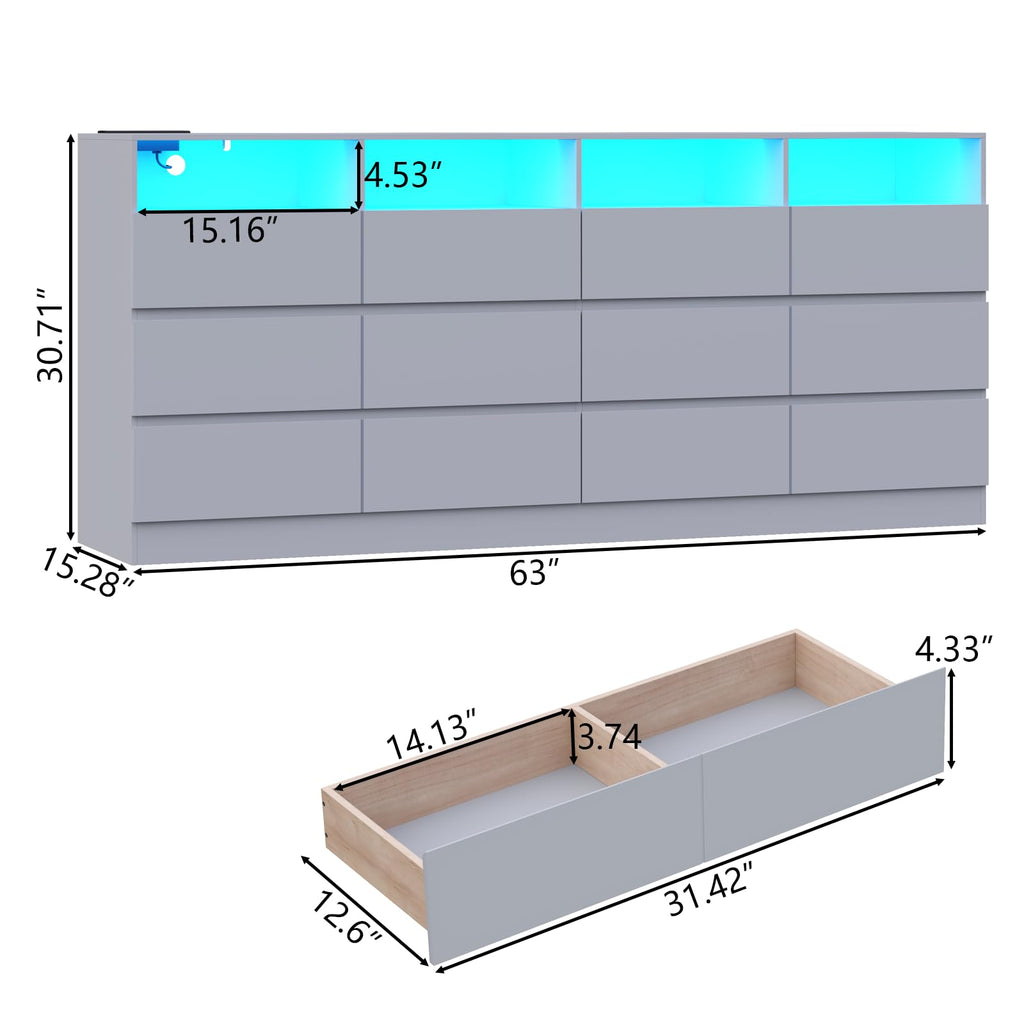 Loomie 12-Cell Divided Drawers Black Dresser with Charging Station & Led Lights for Bedroom, Long 63" Wide Dresser TV Stand for TVs