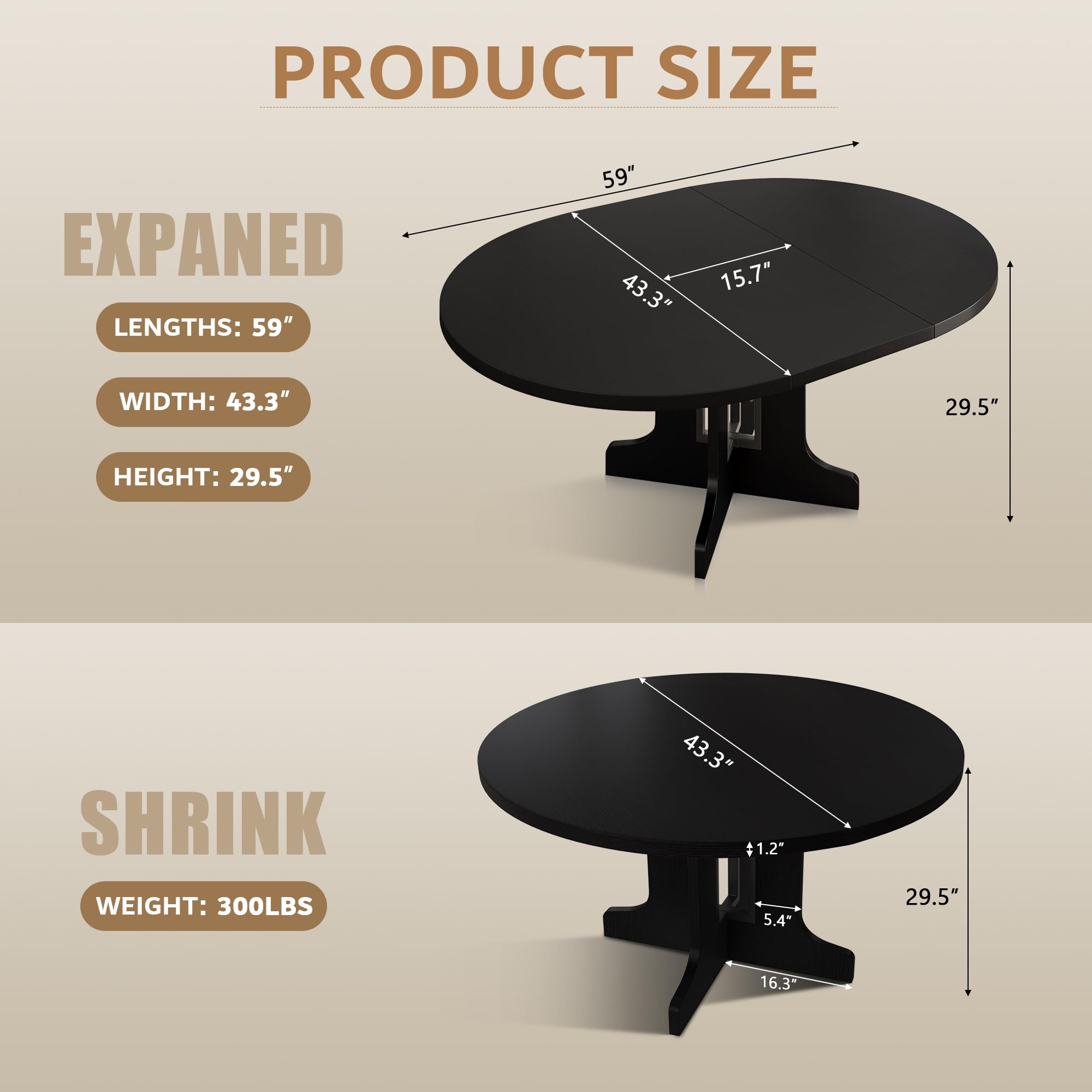 iPormis 59" Extendable Round Dining Table for 4-6, Modern Kitchen Table with Heavy Duty Pedestal Base & Wooden Top