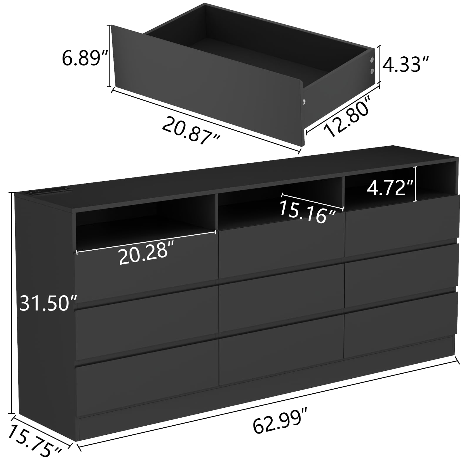 Loomie Drawers Dresser, White Drawer Dresser with Power Outlet, Accent Chests of Drawers with LED Light