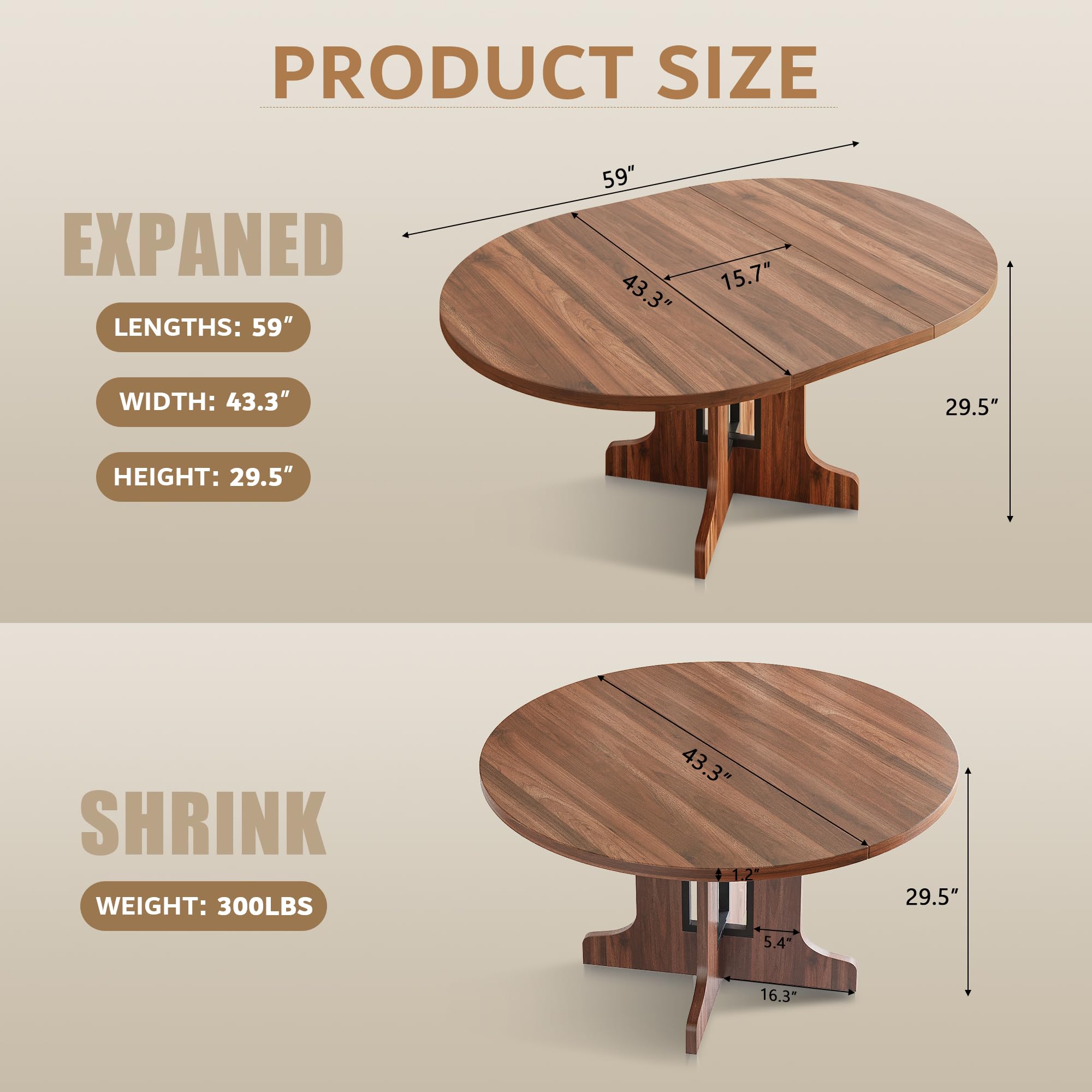 iPormis 59" Extendable Round Dining Table for 4-6, Modern Kitchen Table with Heavy Duty Pedestal Base & Wooden Top
