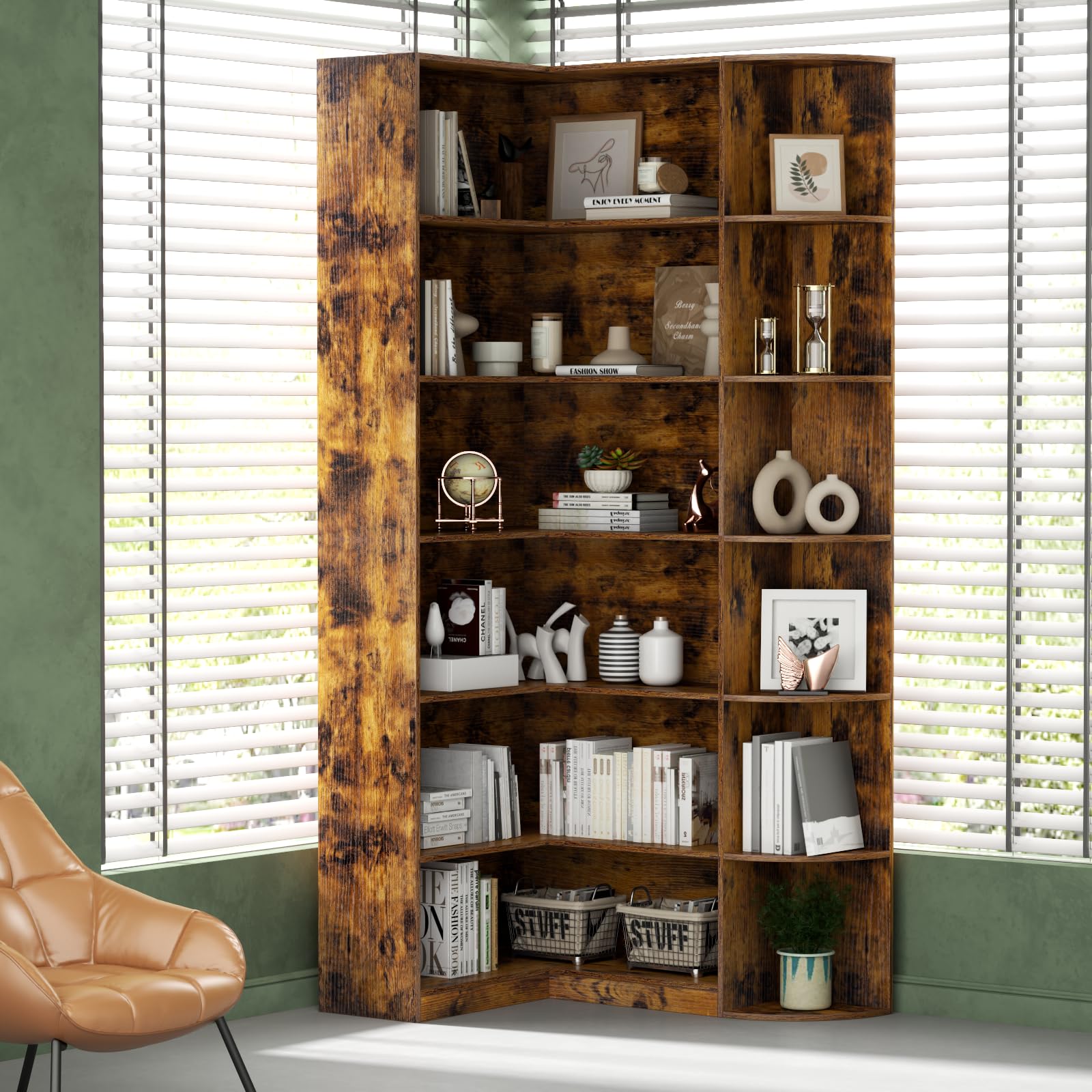 Loomie White Book Shelf, 6 Tiers Shelf Large Tall Corner Etagere Bookcase with Full Baffle, L-Shaped Modern Storage Display Industrial Bookshelves