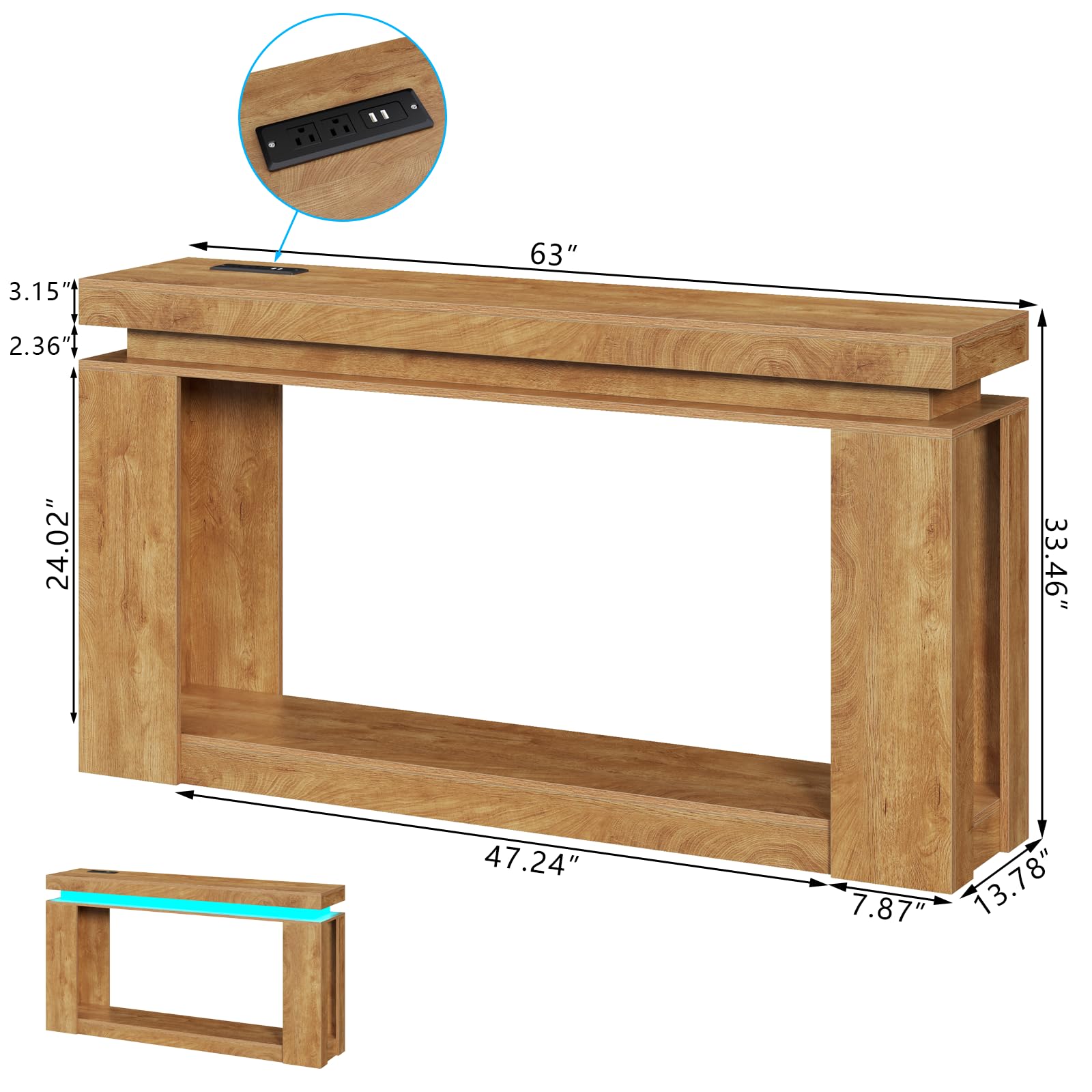 Loomie 63" Long Console Table with LED Lights & Power Outlet