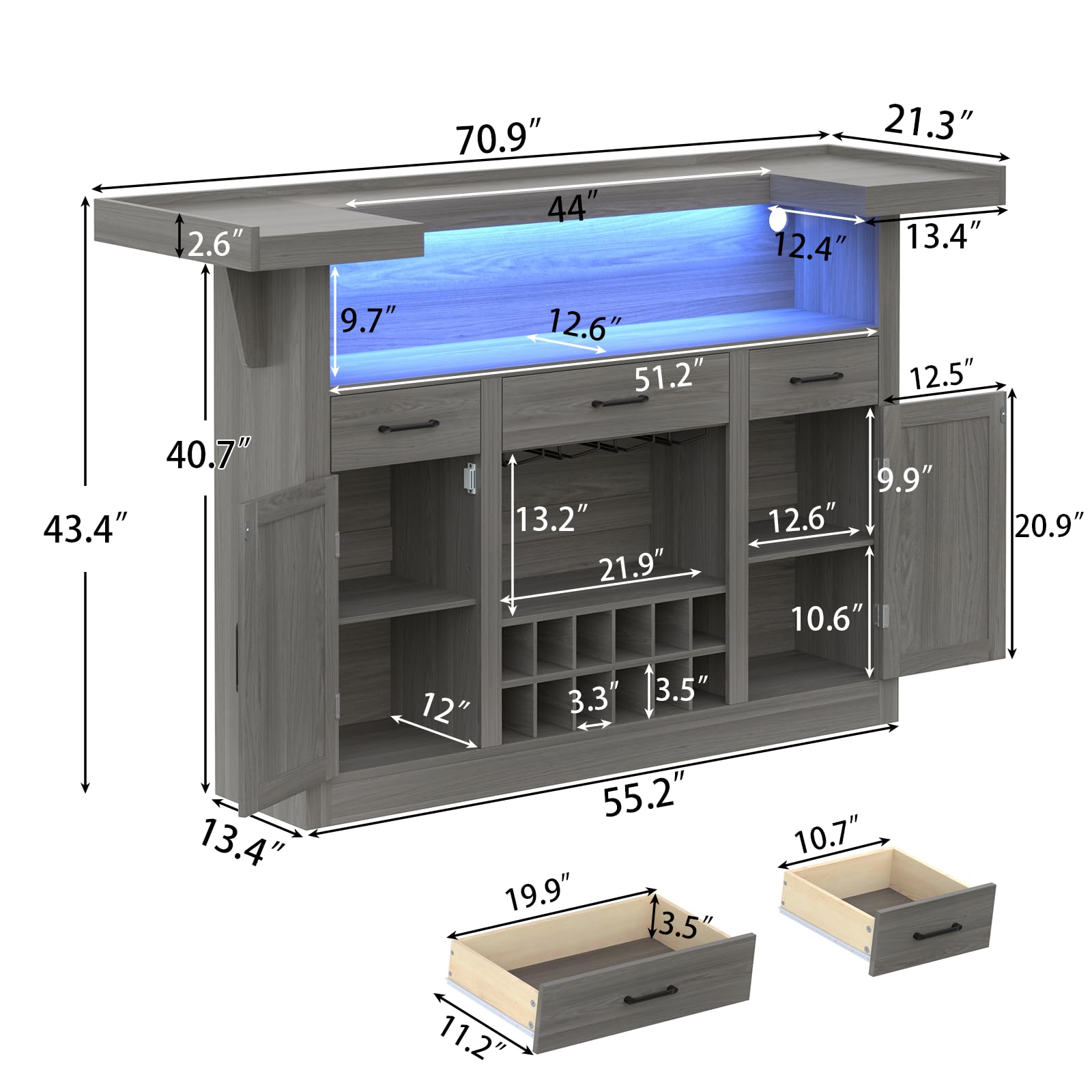 Loomie Bar Table Cabinet with LED & 3 Drawers,Liquor Bar with Adjustable Storage Shelves & Stemware Holders, Crescent Shaped Counter for Home Pub