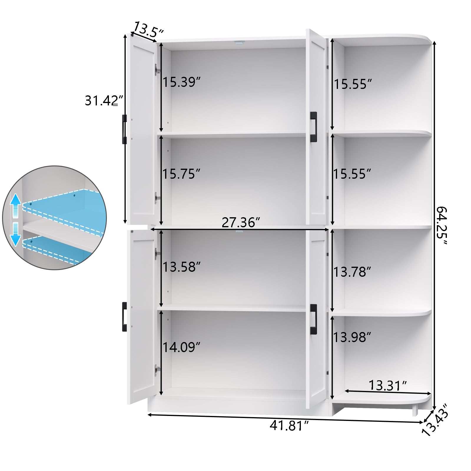 Loomie Kitchen Pantry Storage Cabinet, 64" Tall Freestanding Cupboard with Doors & Adjustable Shelves, Food Pantry Cabinet with 5-Tier External Shelf