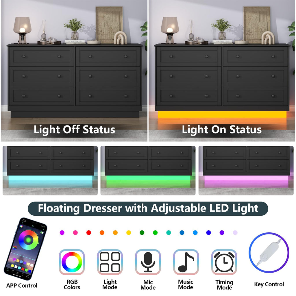 Loomie 6 Drawer Dresser, Modern Drawer Chests with Power Outlet and Led Light, Wide Chest of Drawers for Storage and Organization