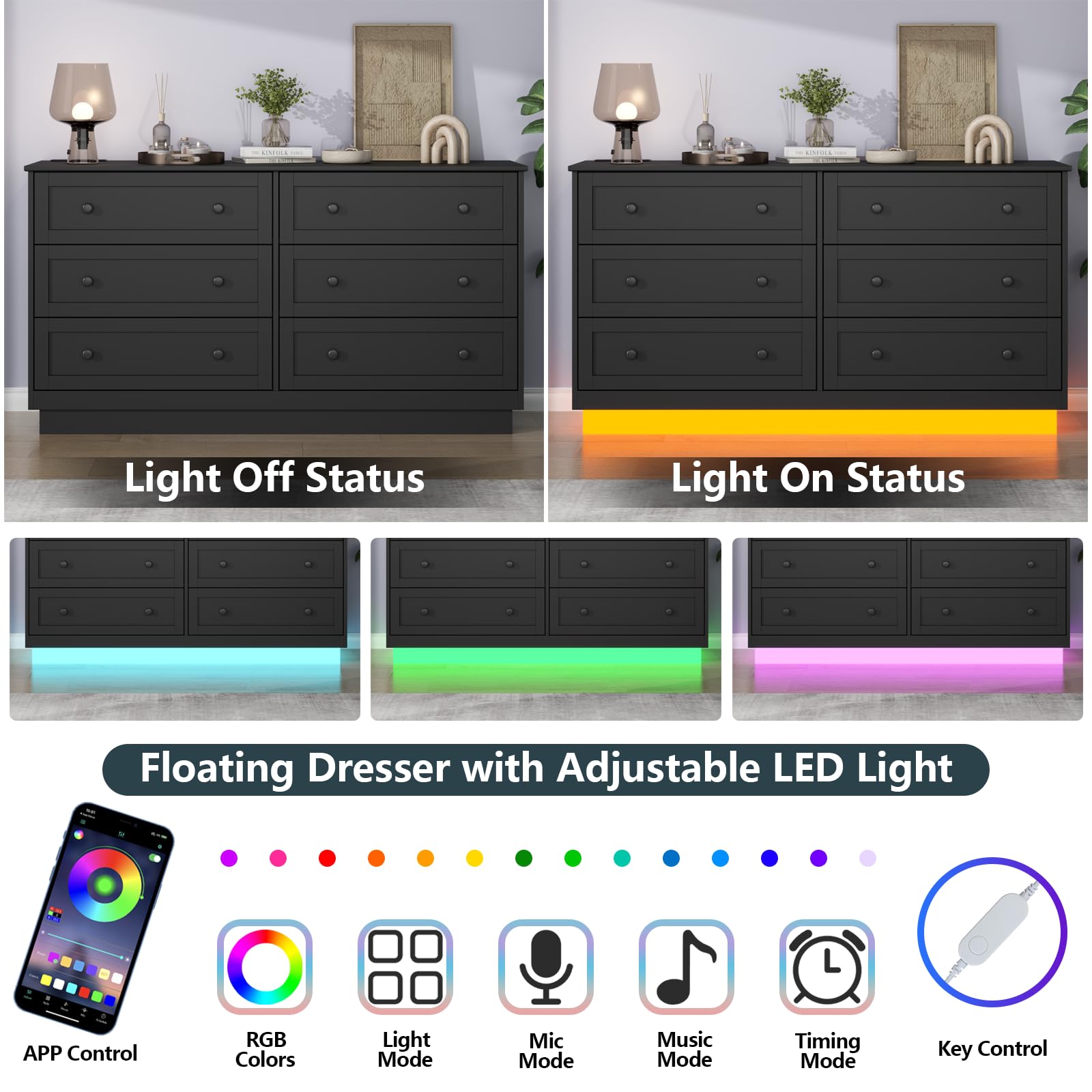 Loomie 6 Drawer Dresser, Modern Drawer Chests with Power Outlet and Led Light, Wide Chest of Drawers for Storage and Organization