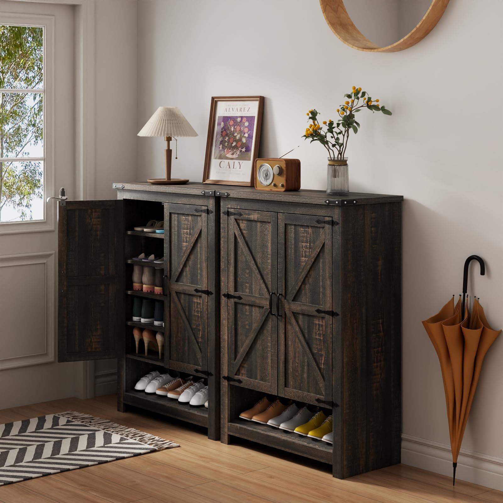 Loomie Shoe Cabinet with Doors, 7-Tier 28 Pair Shoe Cabinet Storage for Entryway, Hidden Narrow Shoe Cabinets with Adjustable Shelves