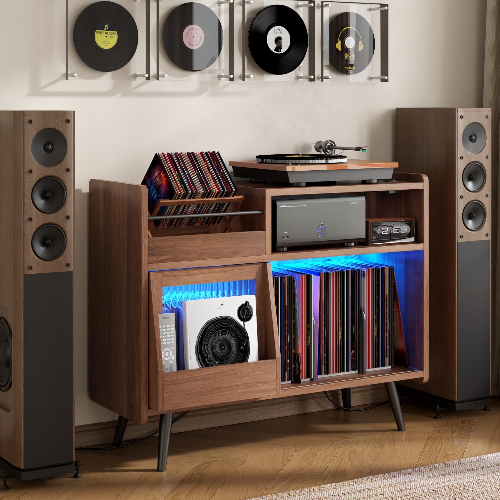 Loomie Large Black Record Player Stand Turntable Stand Shelf with with Power Outlet and LED Light,Vinyl Record Storage Cabinet