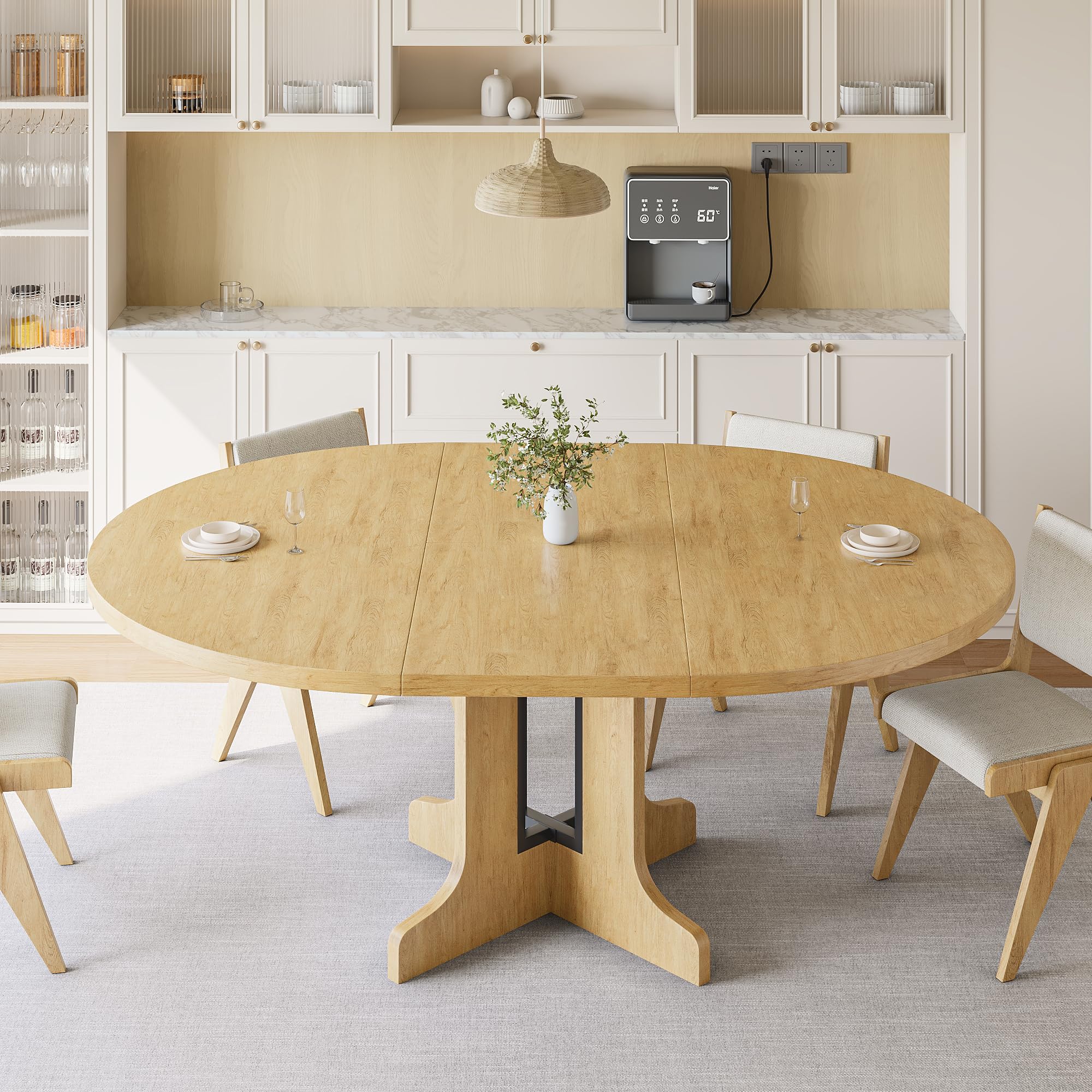 iPormis 59" Extendable Round Dining Table for 4-6, Modern Kitchen Table with Heavy Duty Pedestal Base & Wooden Top