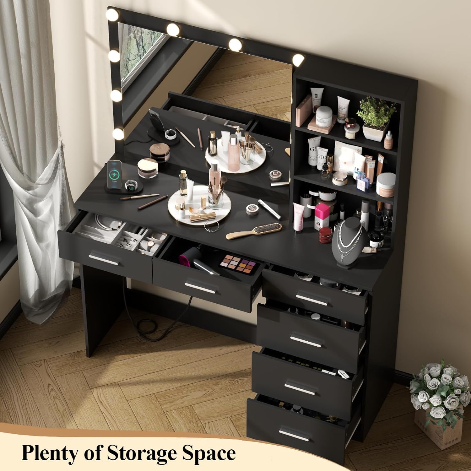 Loomie Vanity Desk with Lighted Mirror & Power Outlet, Makeup Table