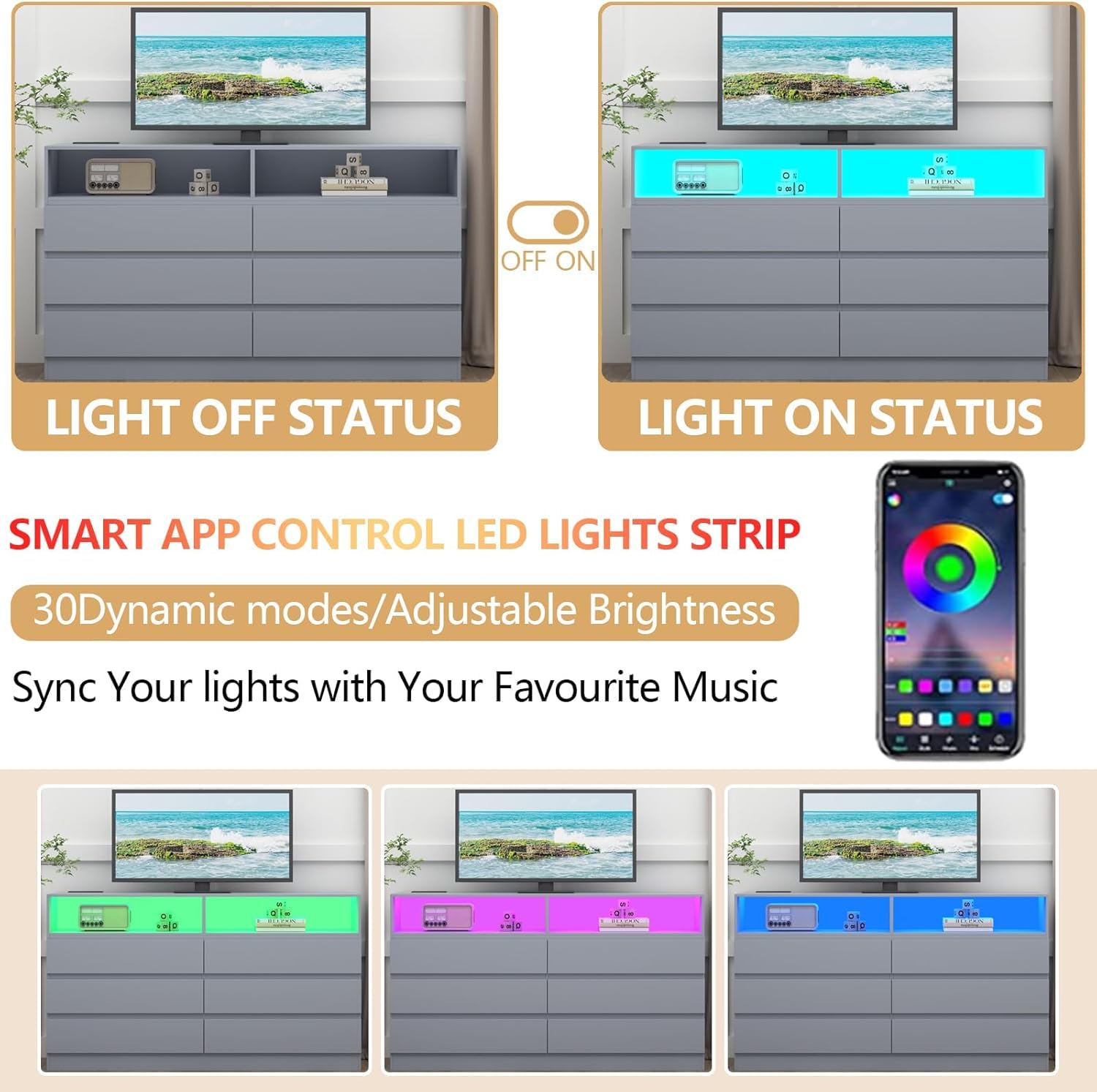 Loomie 12-Cell Divided Drawers Black Dresser with Charging Station & Led Lights for Bedroom, Long 63" Wide Dresser TV Stand for TVs