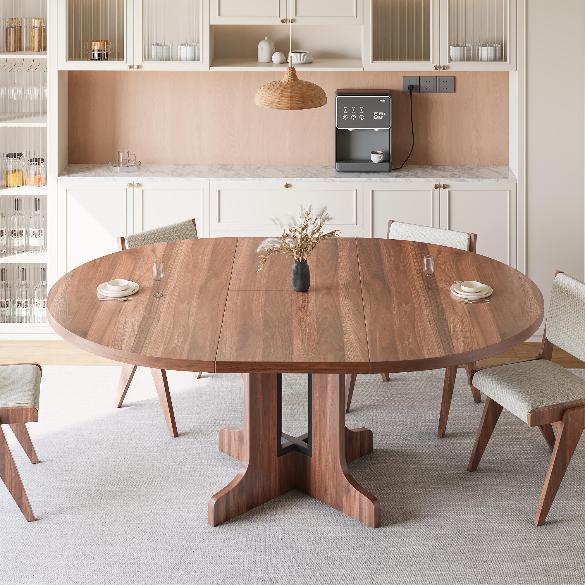 iPormis 59" Extendable Round Dining Table for 4-6, Modern Kitchen Table with Heavy Duty Pedestal Base & Wooden Top