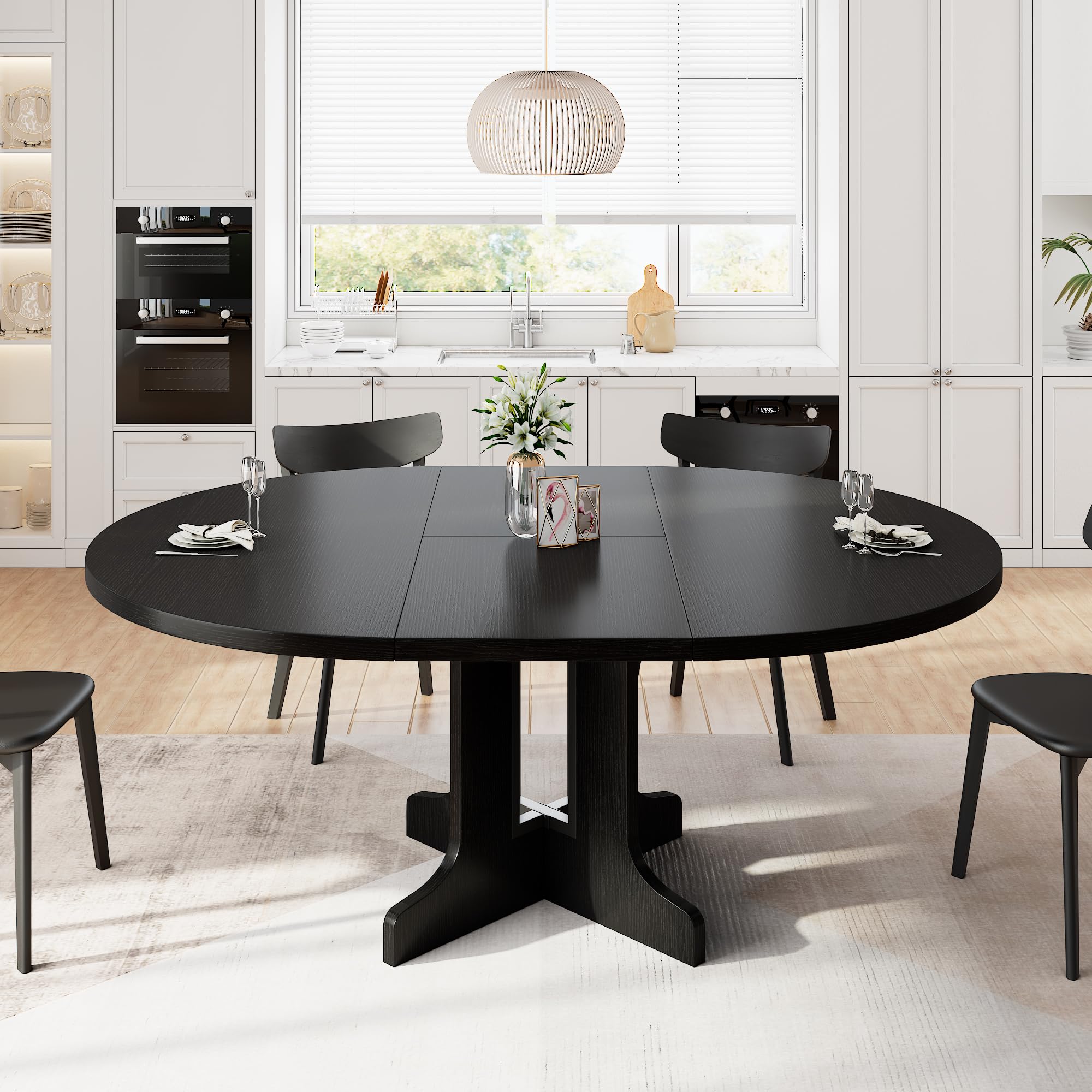 iPormis 59" Extendable Round Dining Table for 4-6, Modern Kitchen Table with Heavy Duty Pedestal Base & Wooden Top