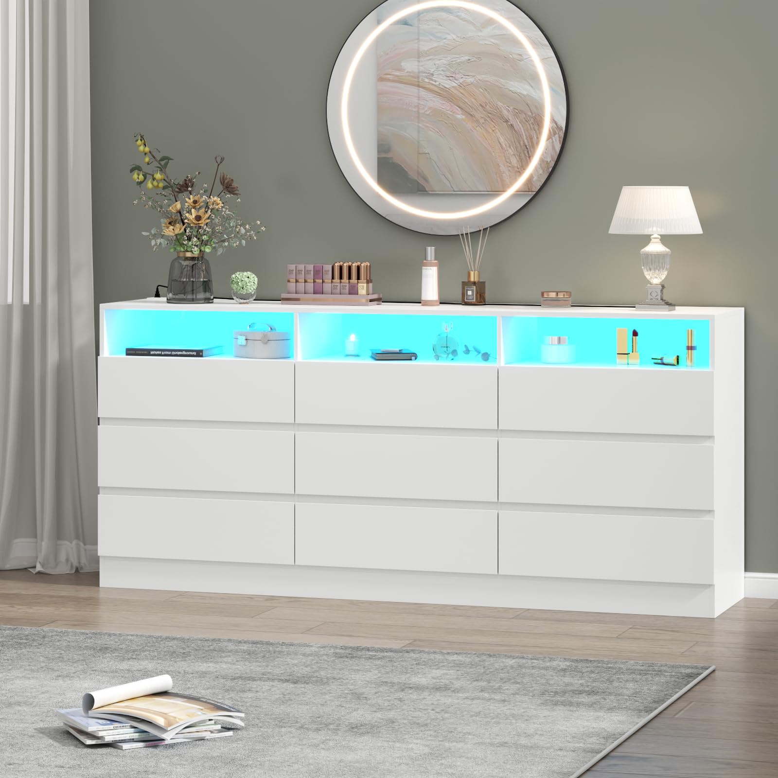 Loomie Drawers Dresser, White Drawer Dresser with Power Outlet, Accent Chests of Drawers with LED Light