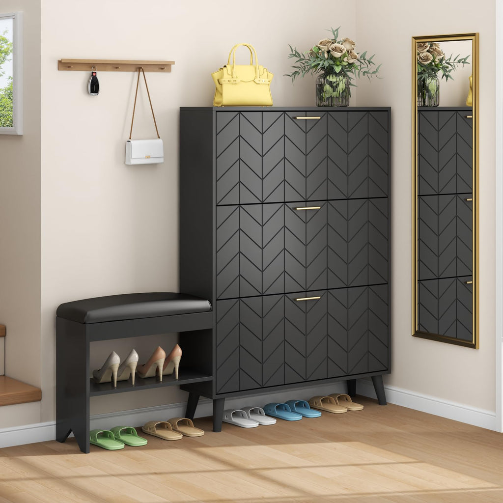 Loomie Shoe Cabinet w/3 Flip Drawers, Shoe Storage Cabinet w/Bench for Entryway, Freestanding Narrow Hidden Shoe Rack Organizer