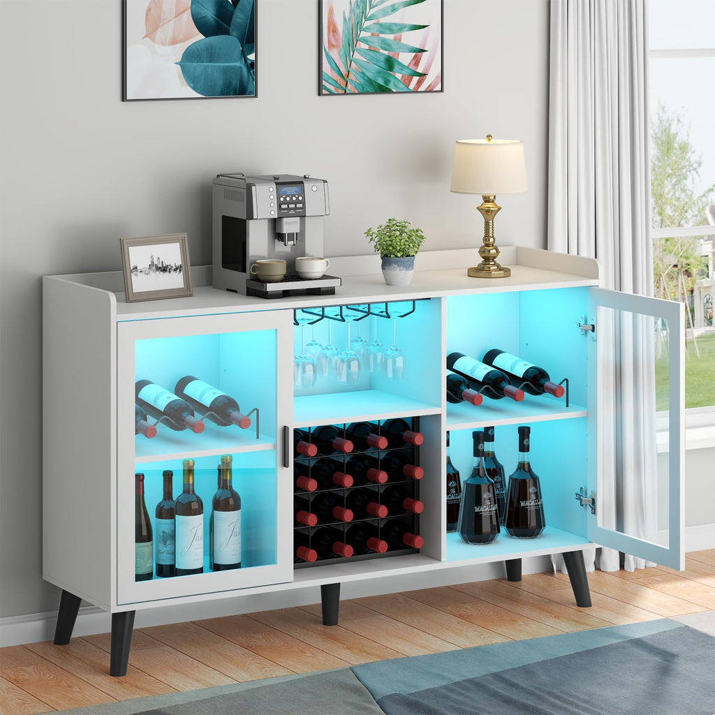 Loomie Wine Bar Cabinet with LED Light, Home Coffee Cabinet with Wine Rack and Glass Holder, Kitchen Buffet Sideboard W Storage Shelf
