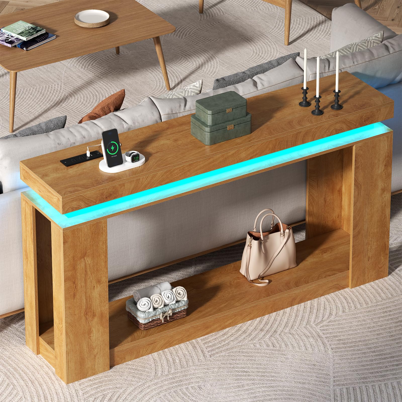 Loomie 63" Long Console Table with LED Lights & Power Outlet